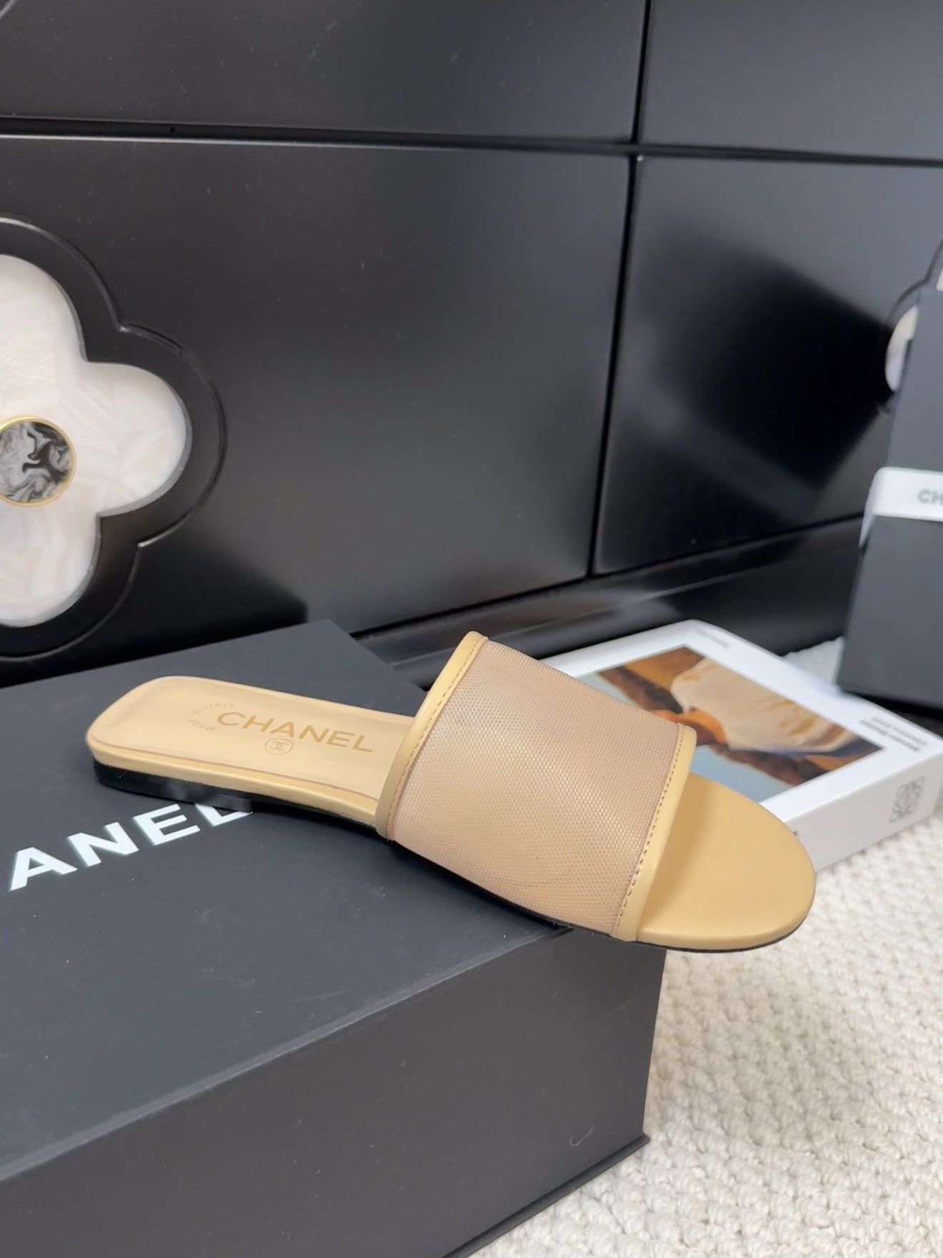 CHANEL FLAT SLIDE IN FLAX YELLOW MESH AND SUEDE