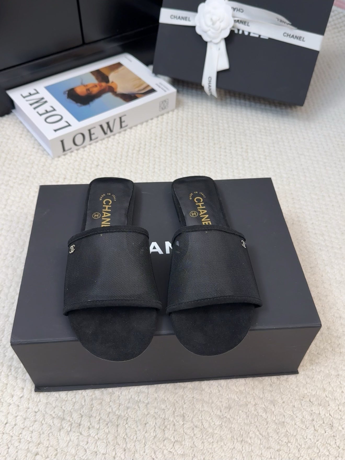 CHANEL FLAT SLIDE IN BLACK MESH AND SUEDE