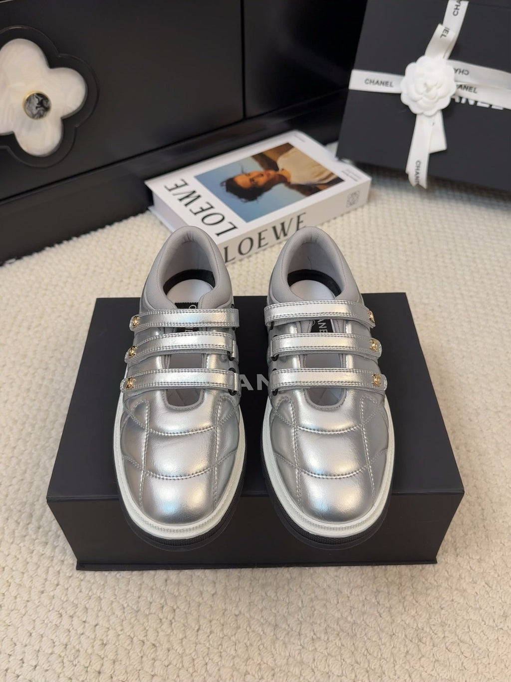 CHANEL SNEAKERS WITH THREE STRAPS IN SILVER CALFSKIN