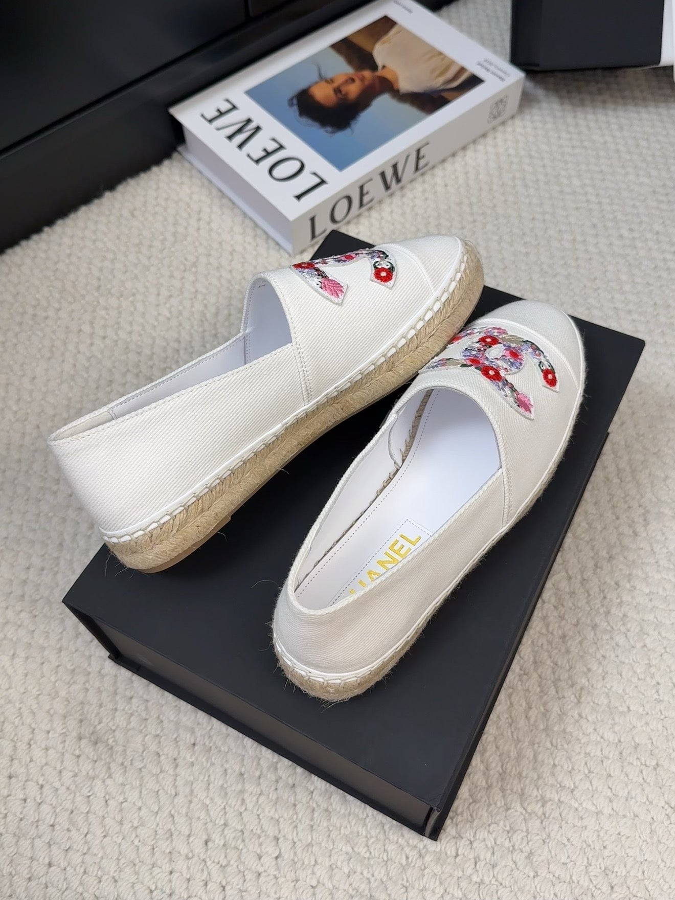 CHANEL LOAFER IN WHITE CANVAS WITH COLORFUL LOGO