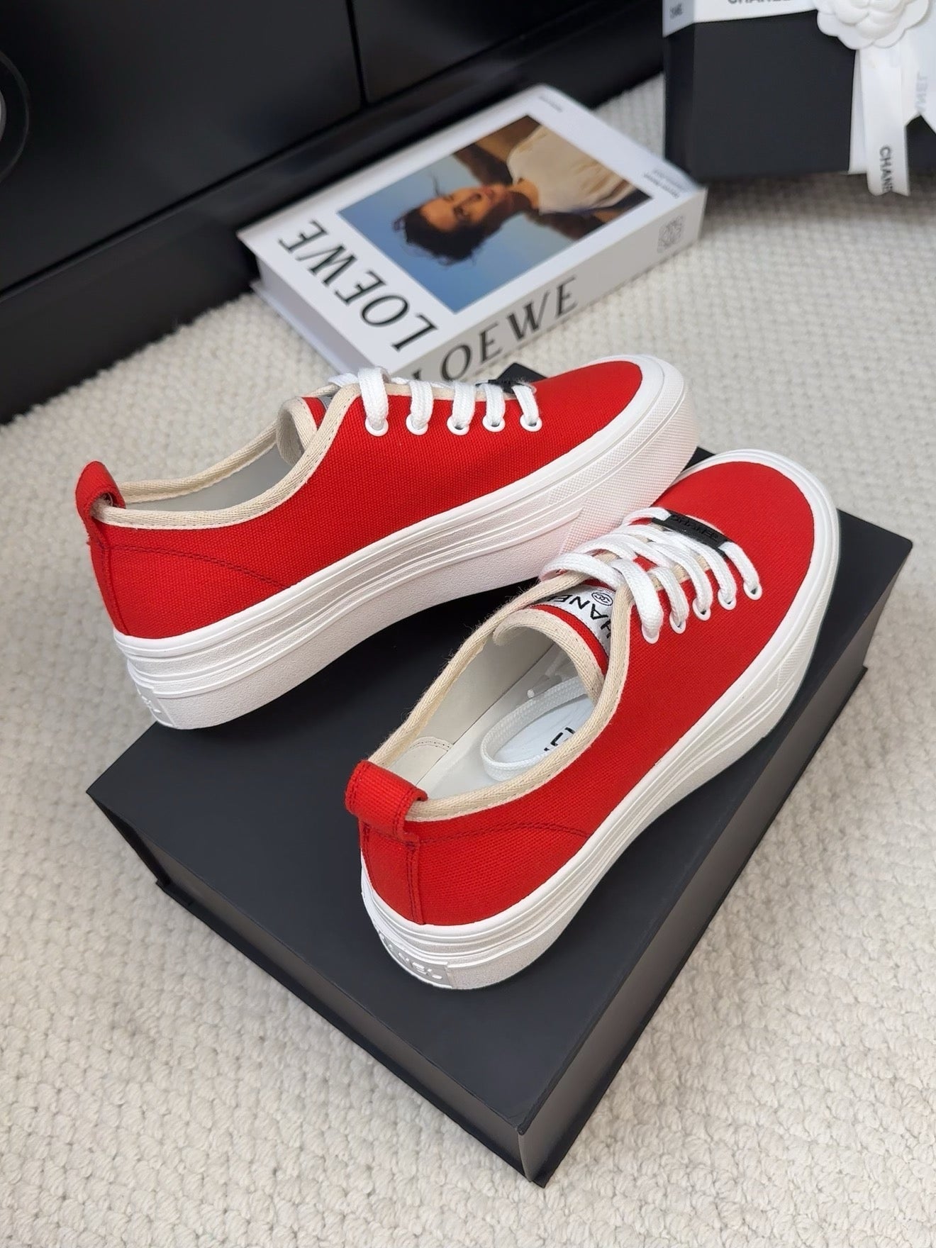 CHANEL TRAINERS SHOES IN ORANGE RED FABRIC