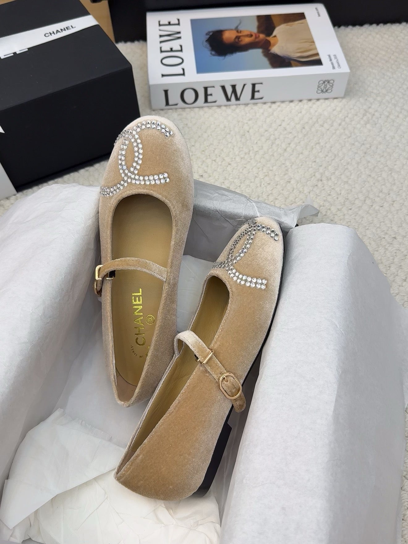 CHANEL MARY JANE SHOES IN SAND BROWN VELVET WITH CRYSTALS LOGO