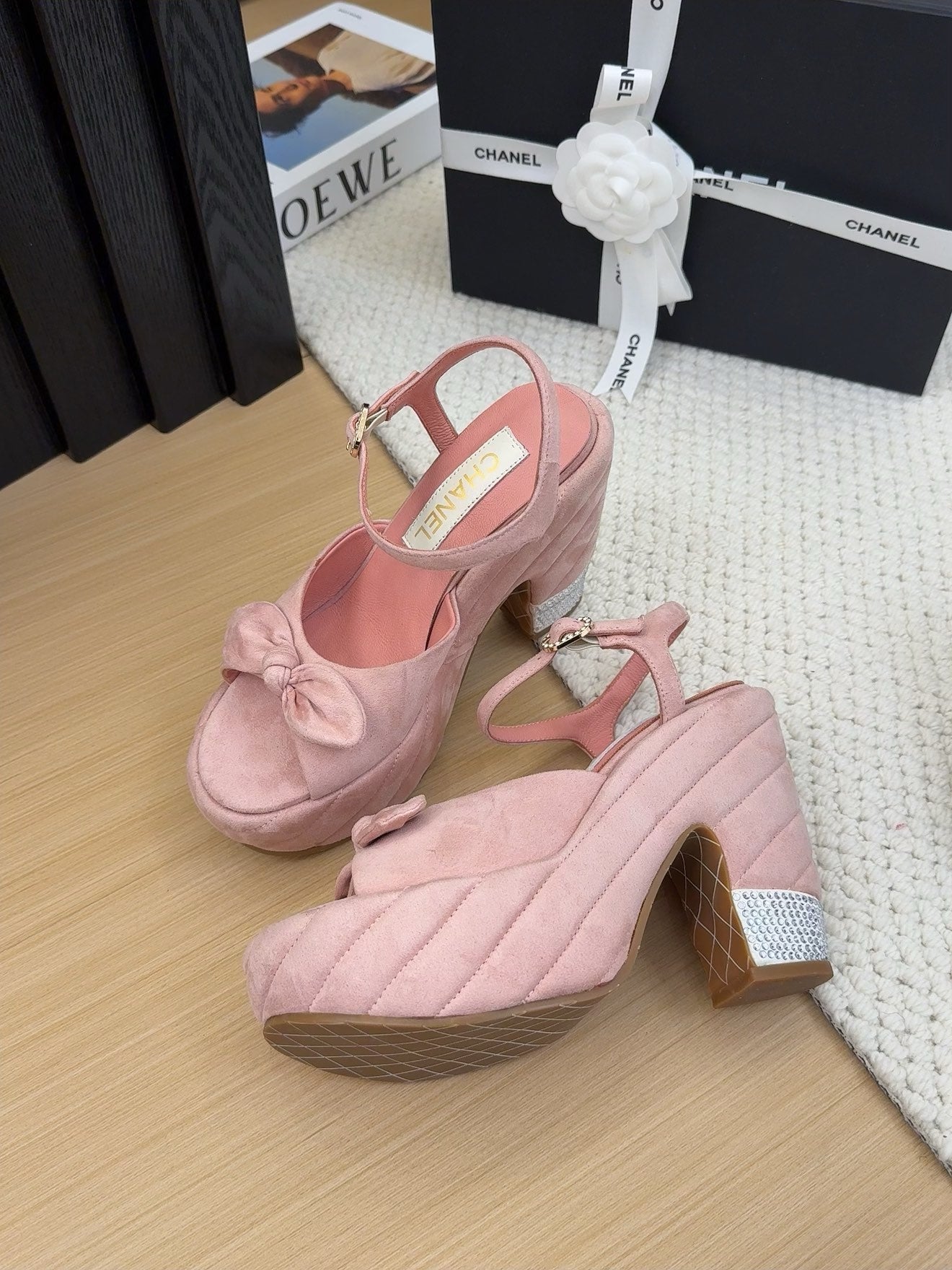 CHANEL HIGH 12 CM PLATFORM SANDALS IN BLUSH PINK SUEDE