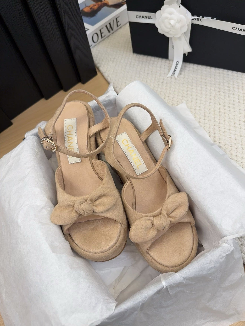 CHANEL HIGH 12 CM PLATFORM SANDALS IN CAMEL BEIGE SUEDE