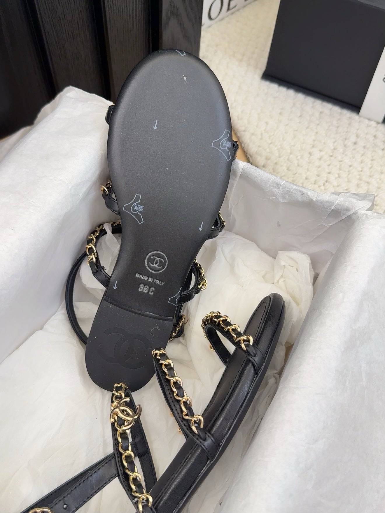 CHANEL THREE-STRAPS SANDALS IN BLACK CALFSKIN WITH GOLD HARDWARE