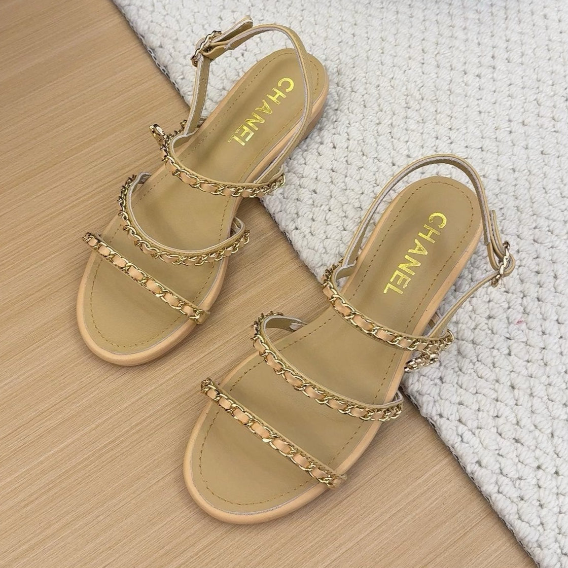 CHANEL THREE-STRAPS SANDALS IN SAND YELLOW CALFSKIN WITH GOLD HARDWARE