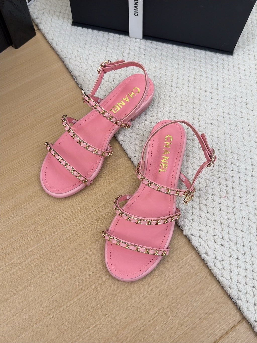 CHANEL THREE-STRAPS SANDALS IN FLAMINGO PINK CALFSKIN WITH GOLD HARDWARE
