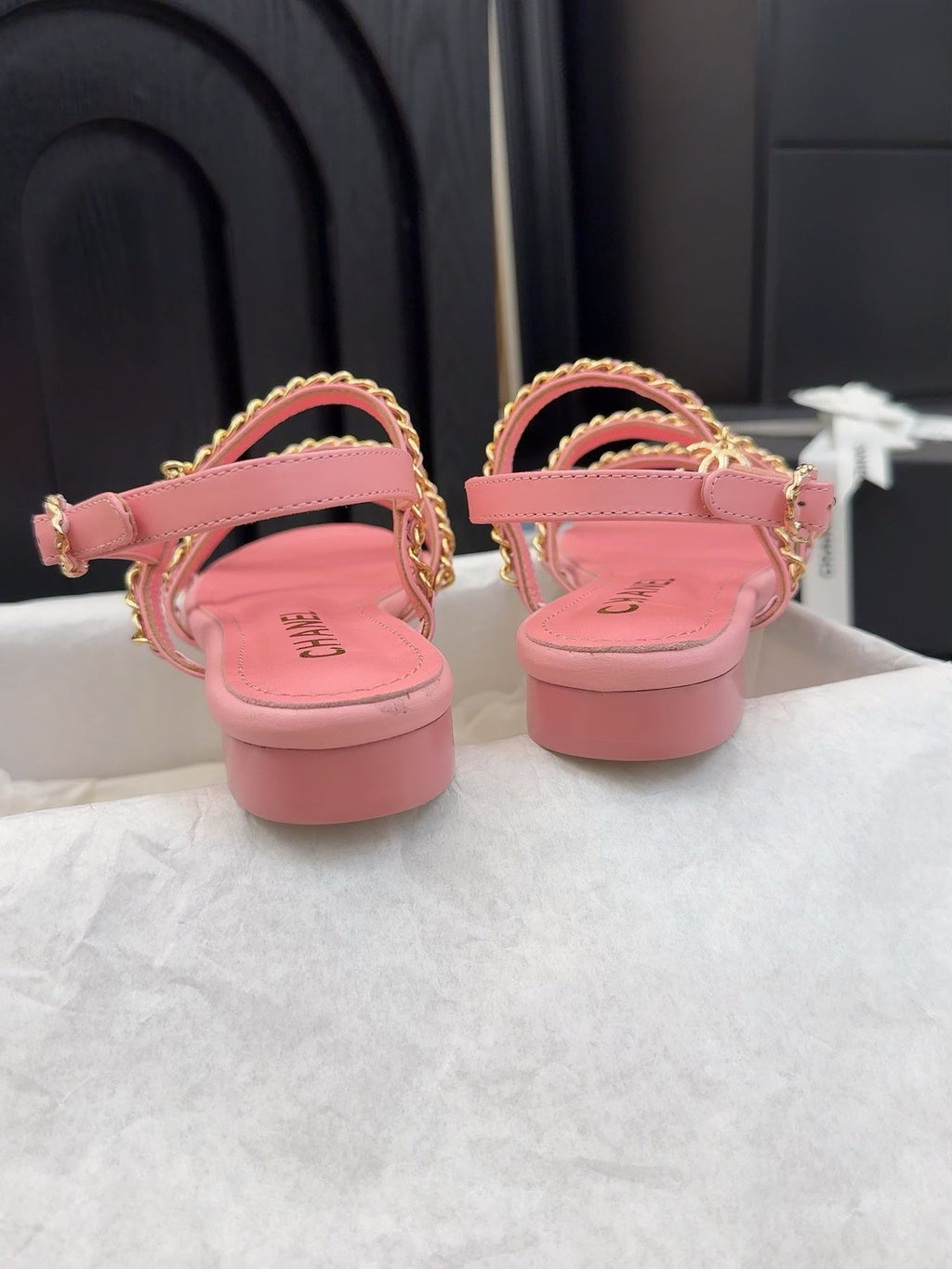 CHANEL THREE-STRAPS SANDALS IN FLAMINGO PINK CALFSKIN WITH GOLD HARDWARE