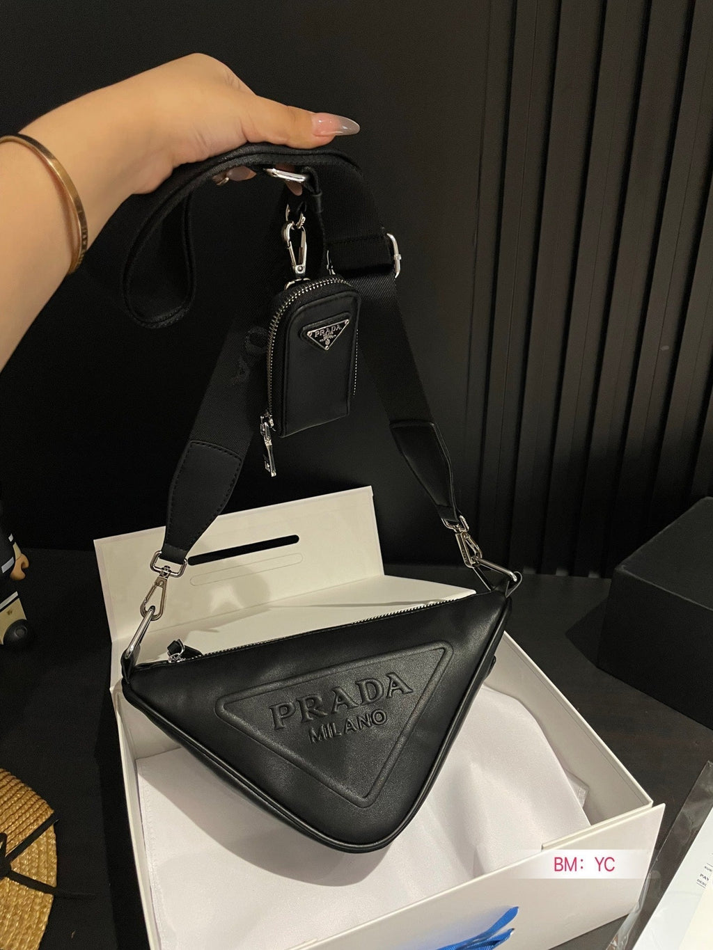 PRADA TRIANGLE 26 SHOULDER BAG IN BLACK CALFSKIN