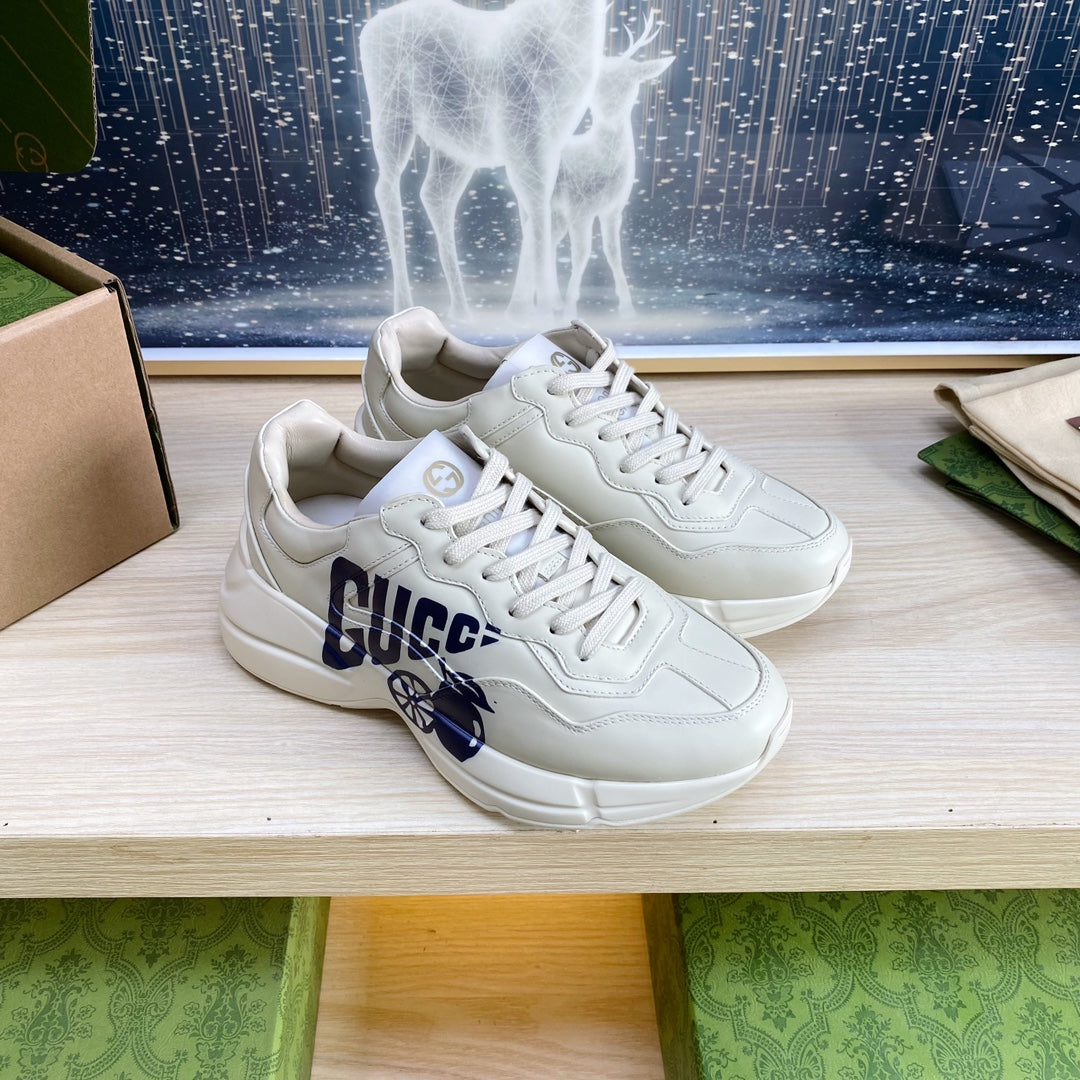 GUCCI COUPLE TRAINER WHITE CALFSKIN WITH LEMON ICON