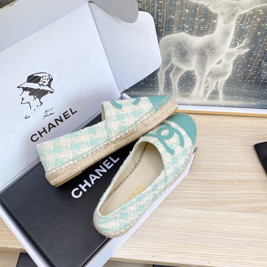 CHANEL ESPADRILLES PLATFORM IN PASTEL BLUE TWEED