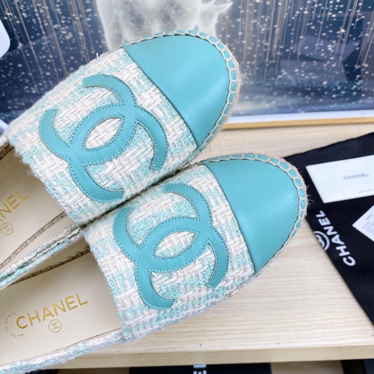CHANEL ESPADRILLES PLATFORM IN PASTEL BLUE TWEED