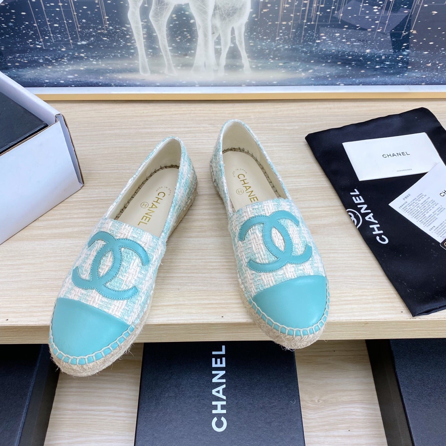 CHANEL ESPADRILLES PLATFORM IN PASTEL BLUE TWEED