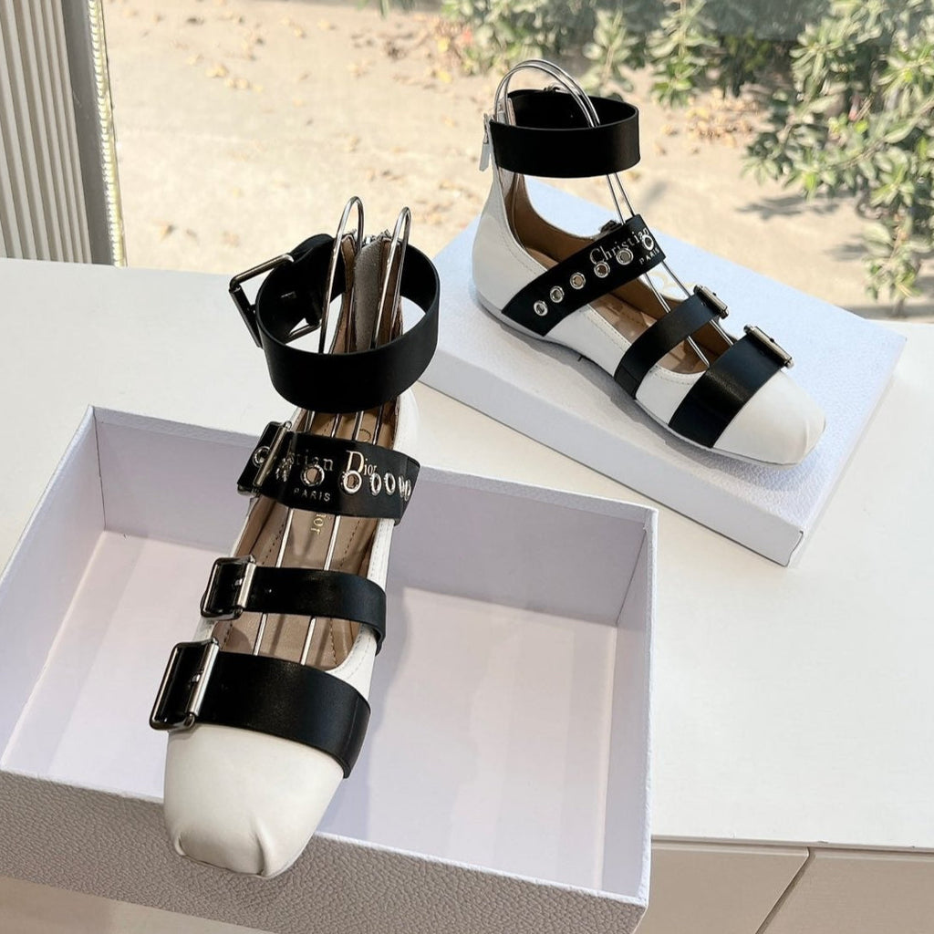 DIOR PUNK BALLET FLAT IN WHITE MIX BLACK CALFSKIN