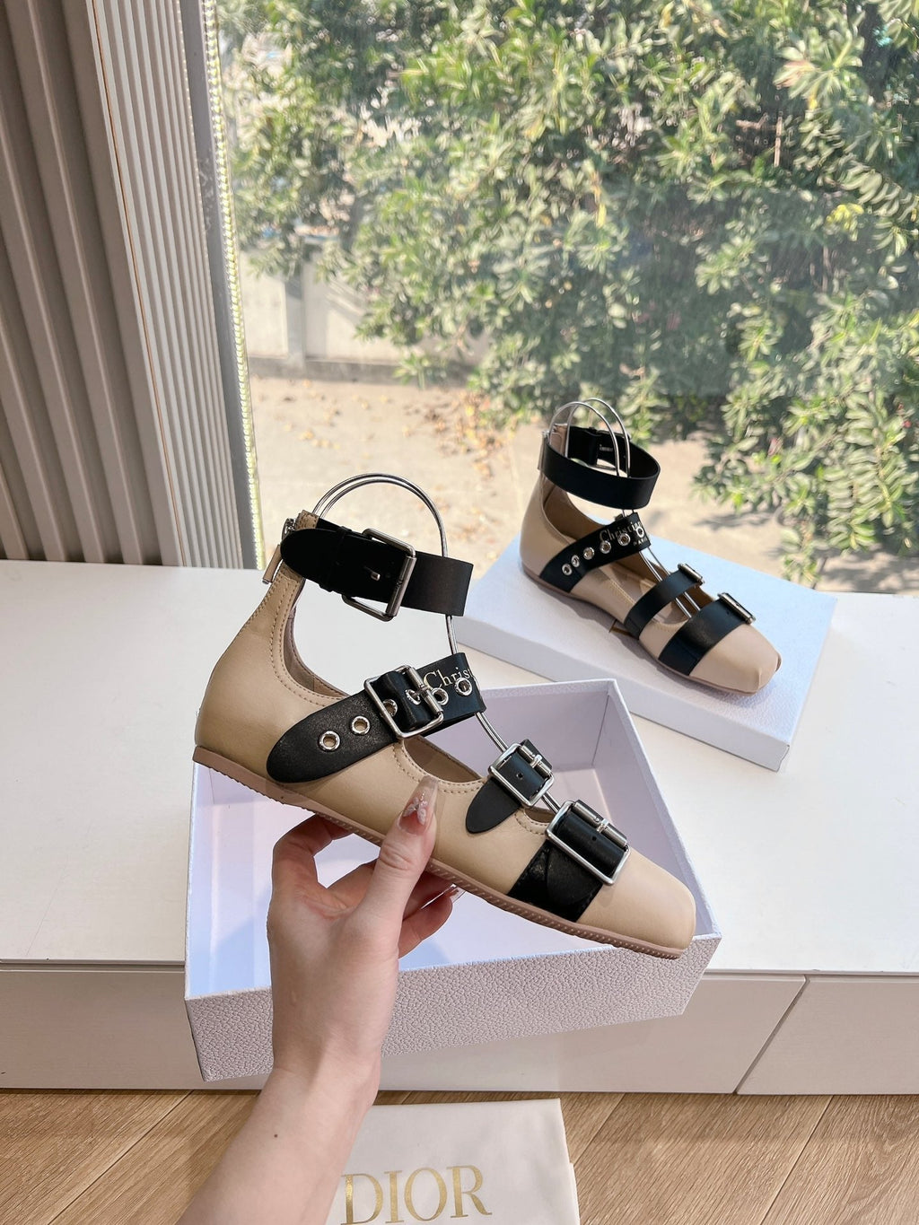 DIOR PUNK BALLET FLAT IN BLACK MIX CAMEL BEIGE CALFSKIN