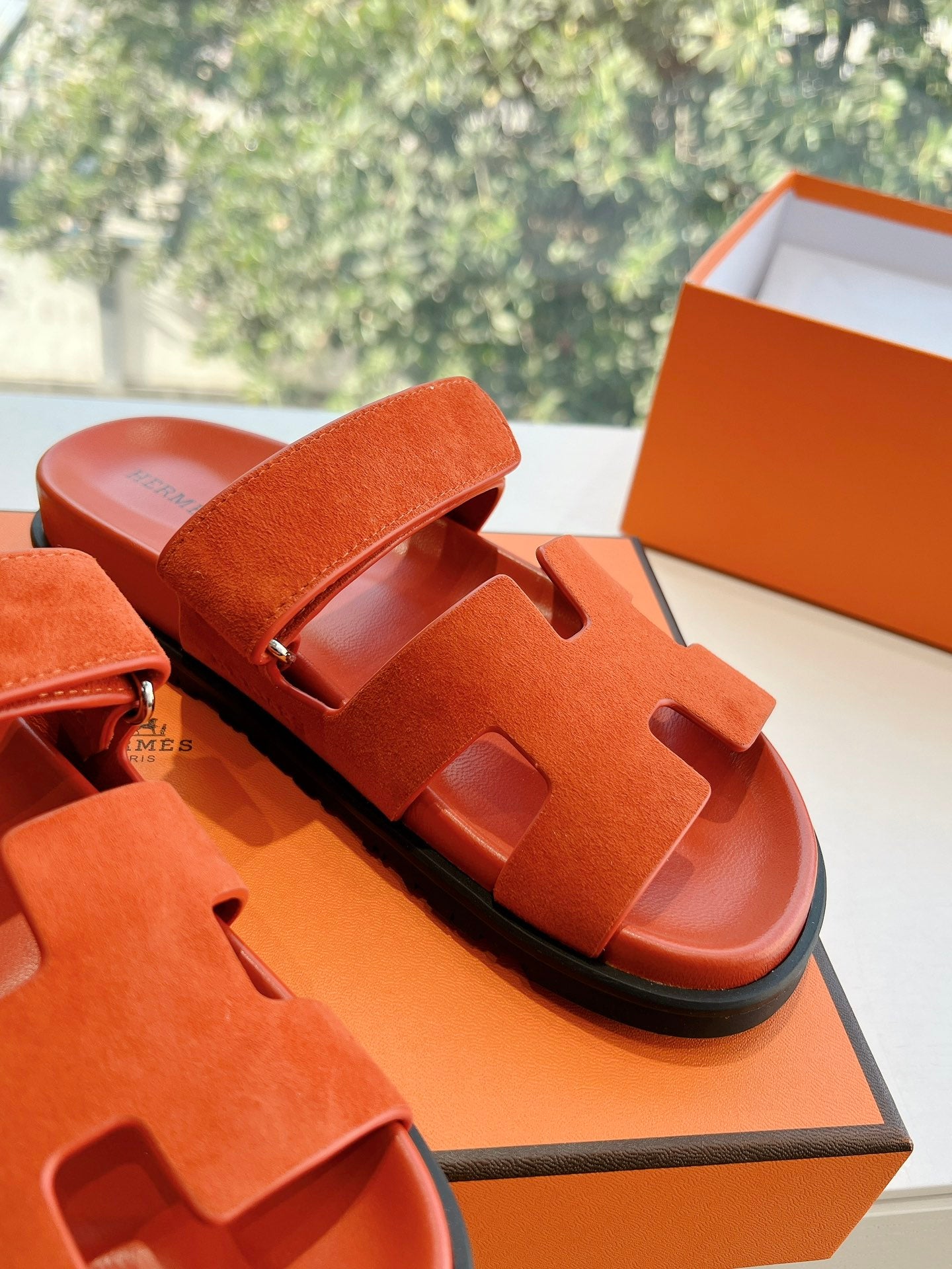 HERMES CHYPRE SANDAL IN FIRE ORANGE SUEDE