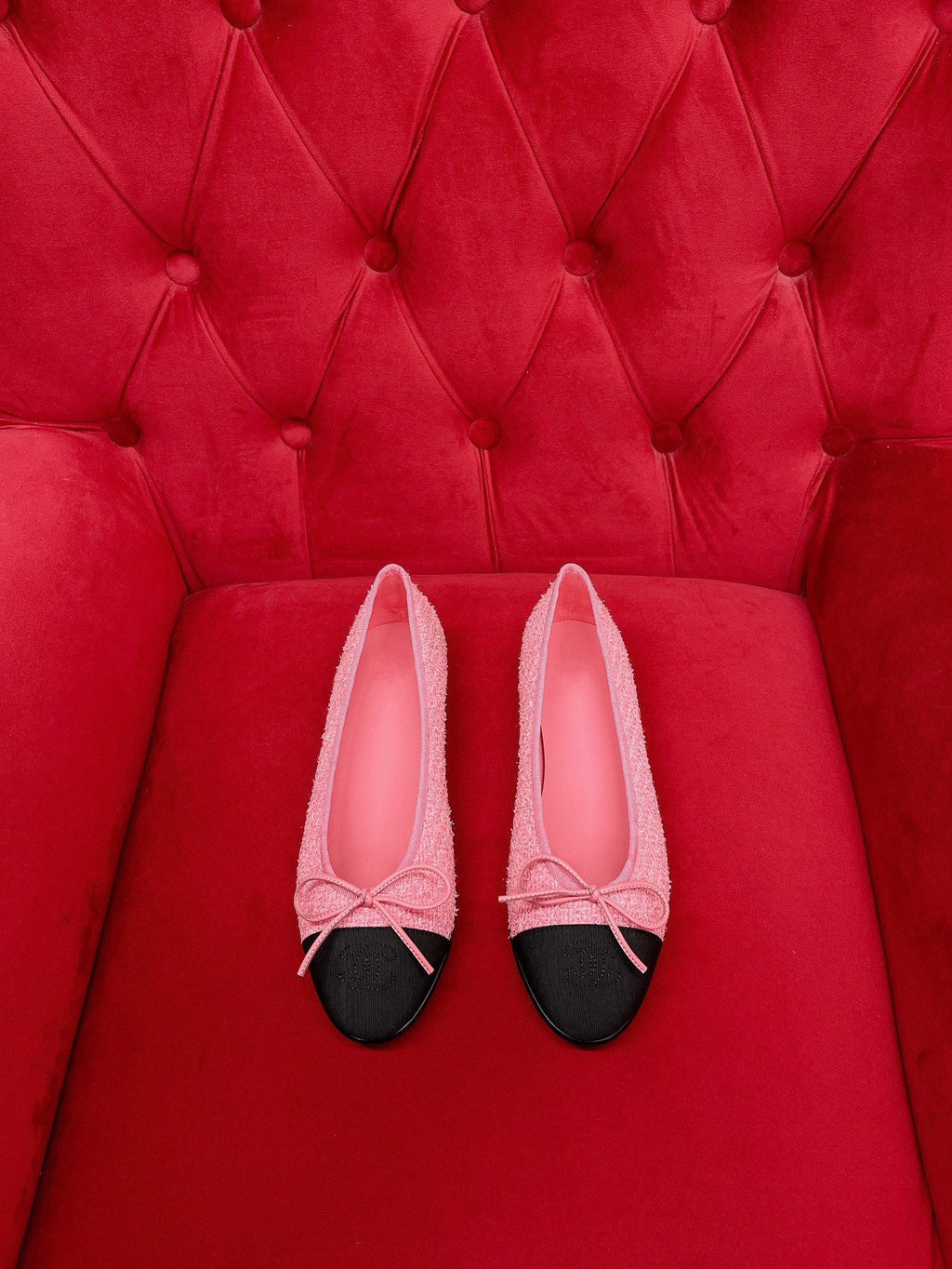CHANEL ballet flat pink black tweed grosgrain