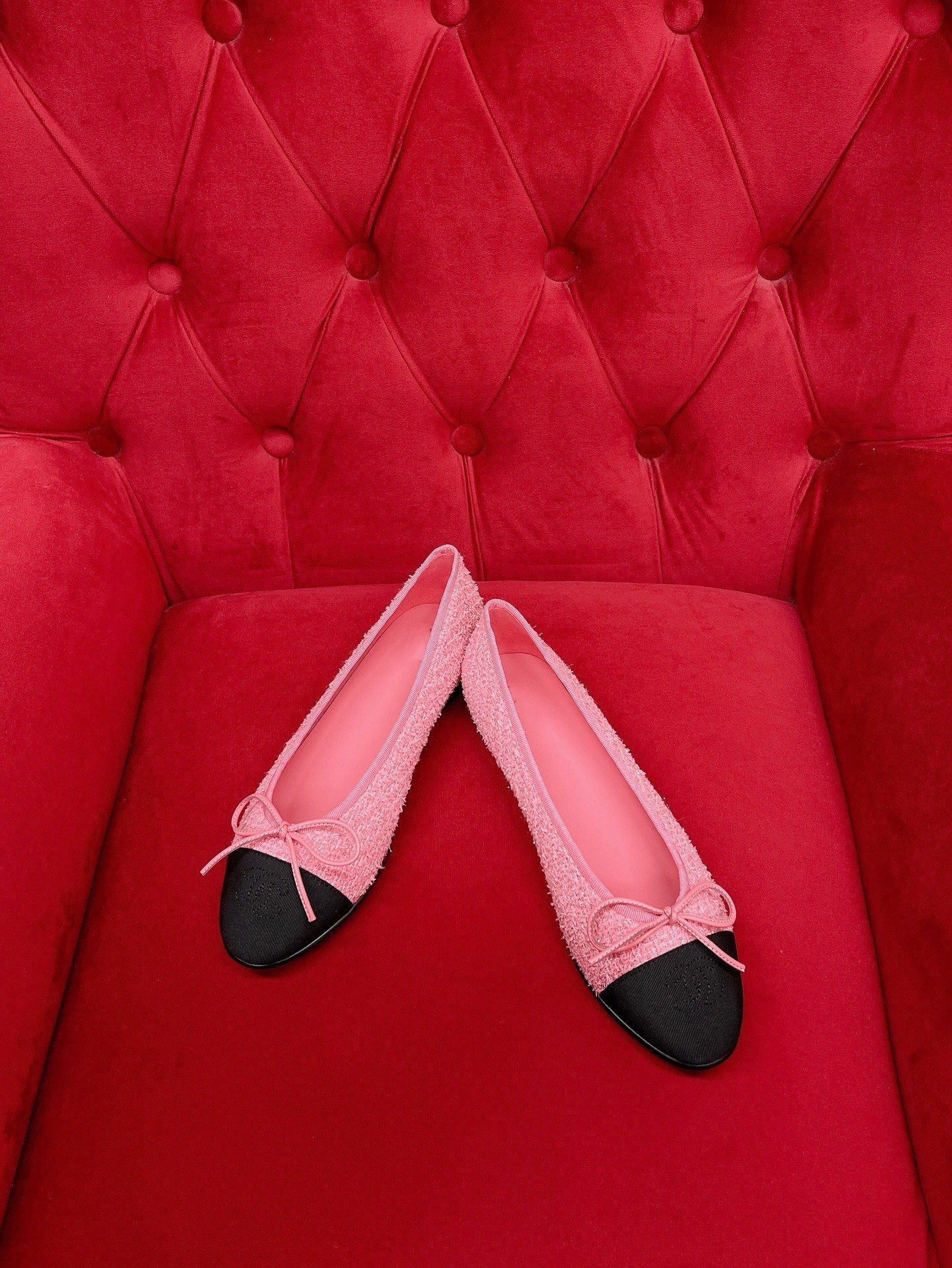 CHANEL ballet flat pink black tweed grosgrain