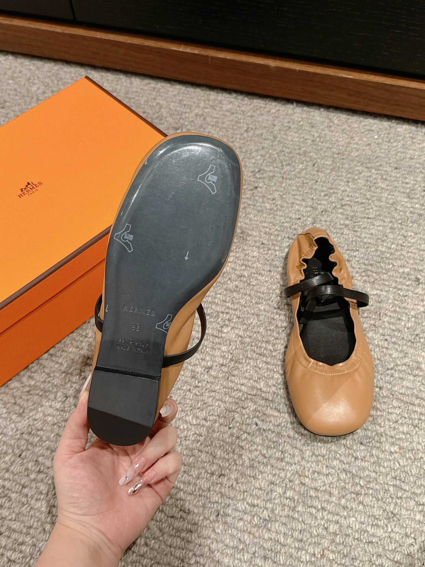 HERMES BALLERINA BALLET FLAT BRIGHT BROWN LAMBSKIN
