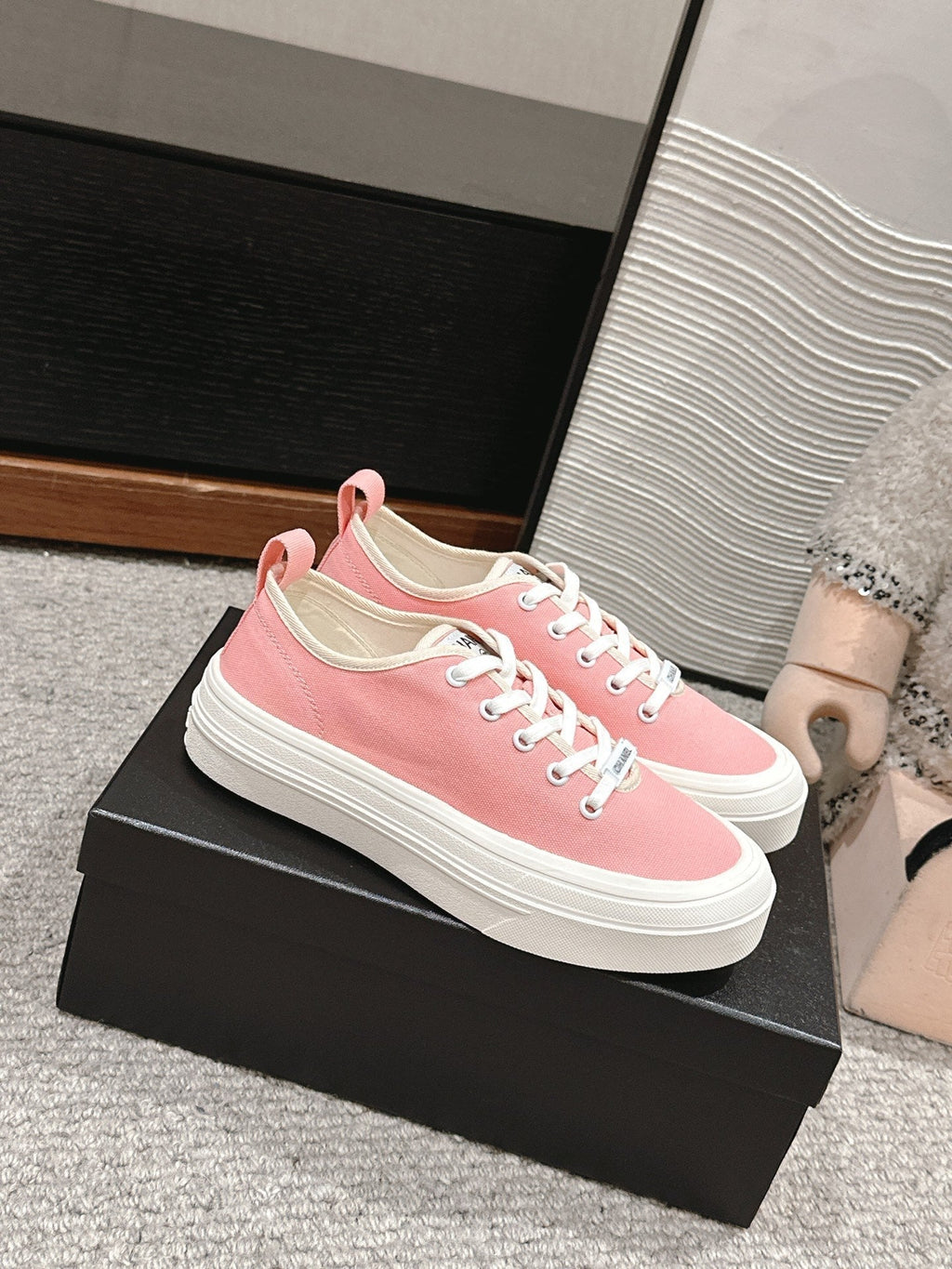 CHANEL LACE-UP SNEAKERS IN PASTEL PINK CANVAS