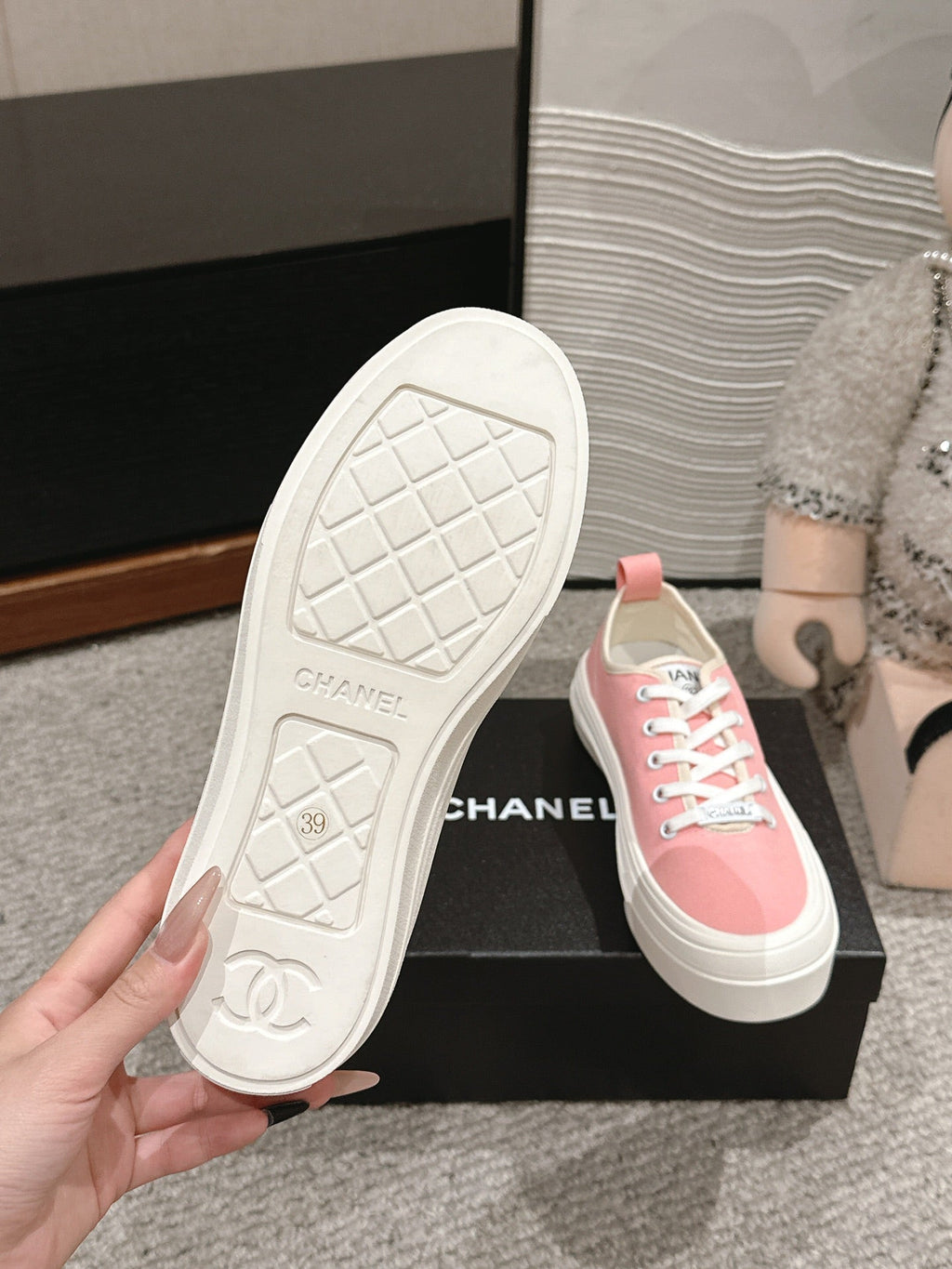 CHANEL LACE-UP SNEAKERS IN PASTEL PINK CANVAS