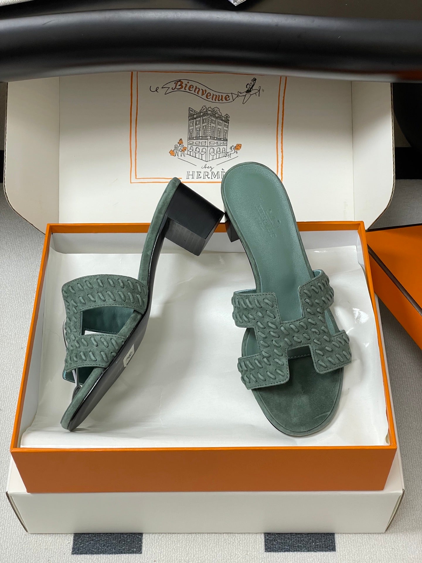 HERMES 25S ORAN HIGH‑HEEL SANDAL IN MUTED MINT GREEN SUEDE AND LAMBSKIN