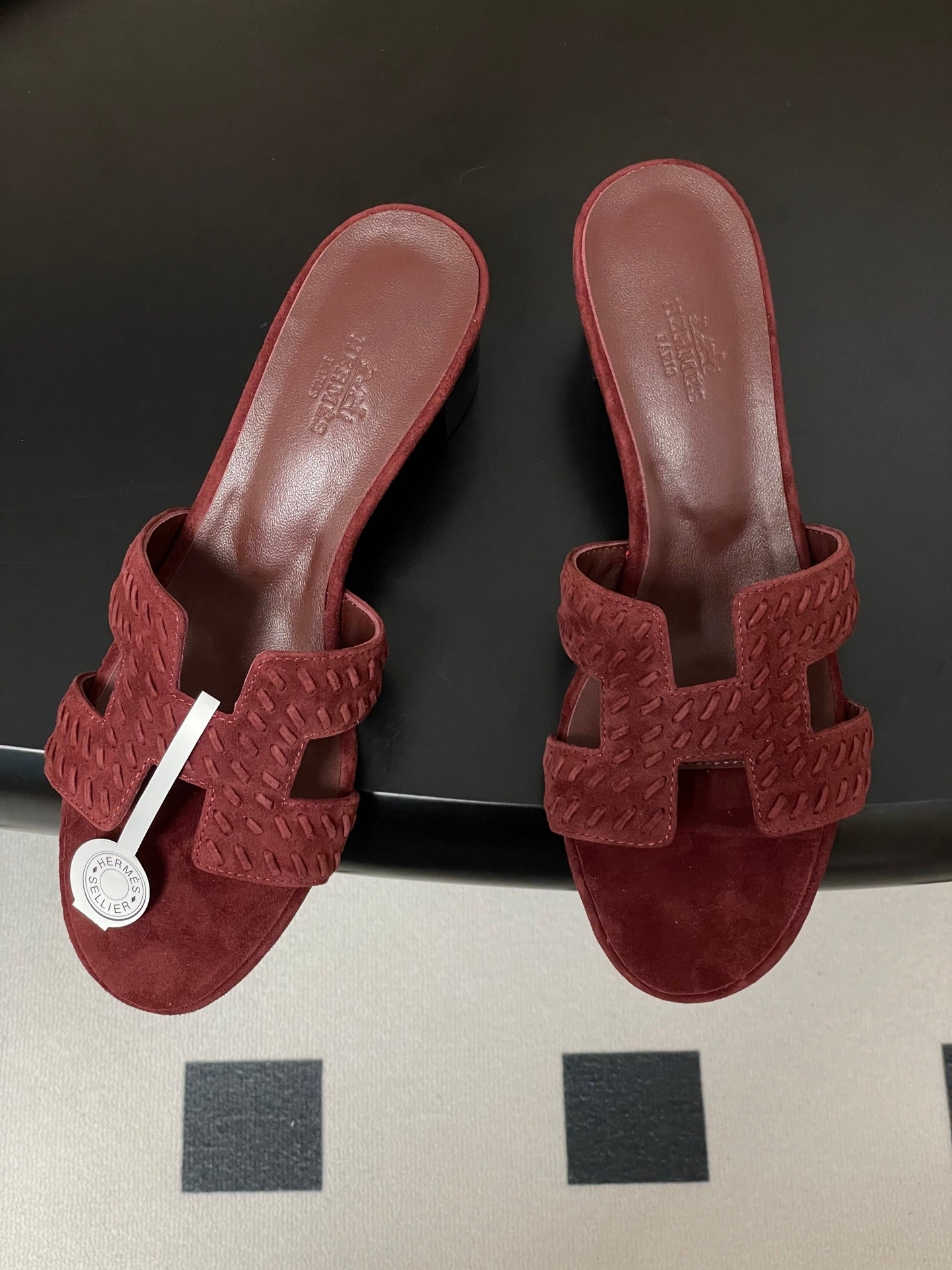 HERMES 25S ORAN HIGH‑HEEL SANDAL IN DARK RED SUEDE AND LAMBSKIN