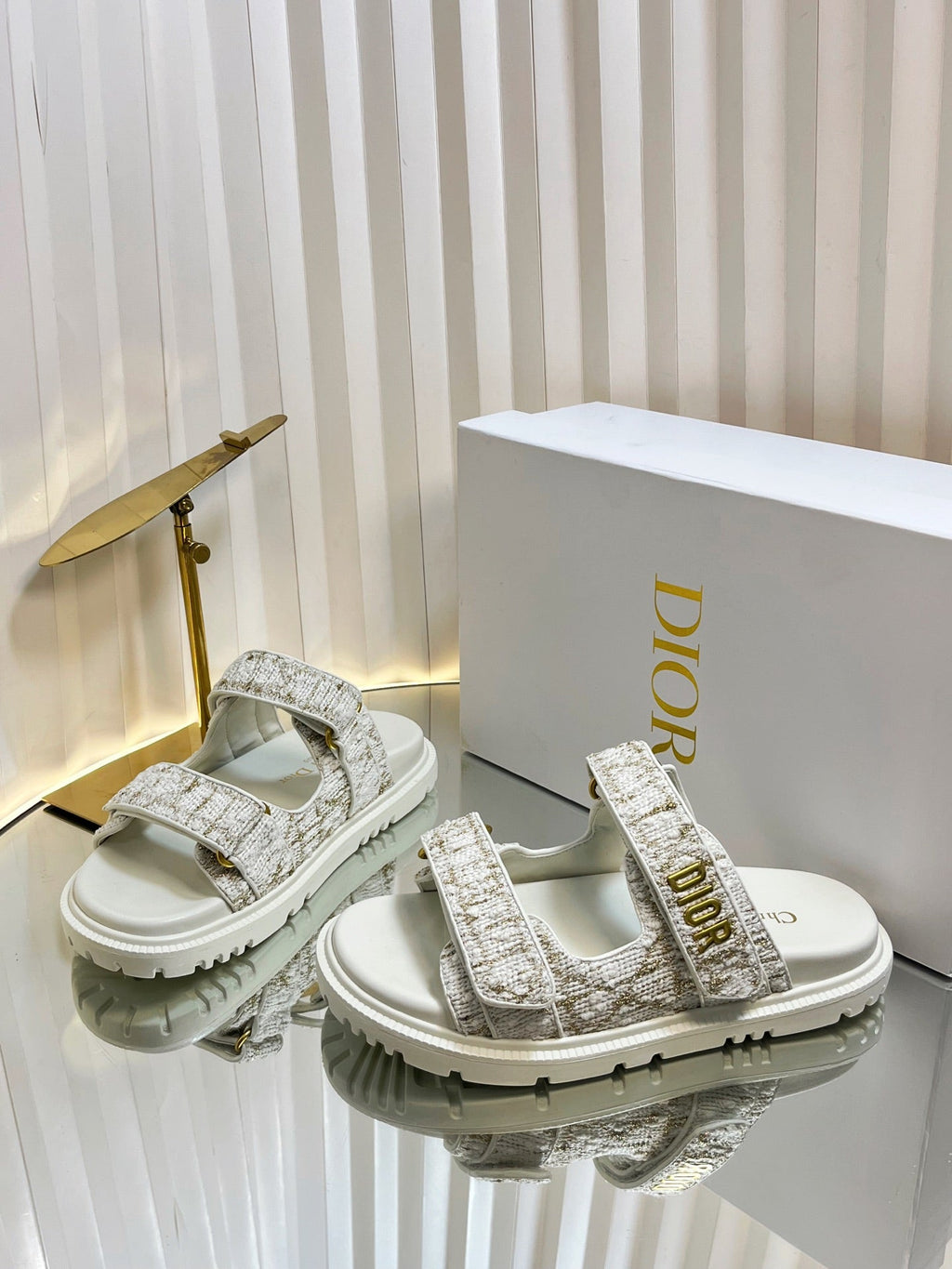 DIOR ACT SLIDES 25MM IN WHITE AND GOLD TWEED