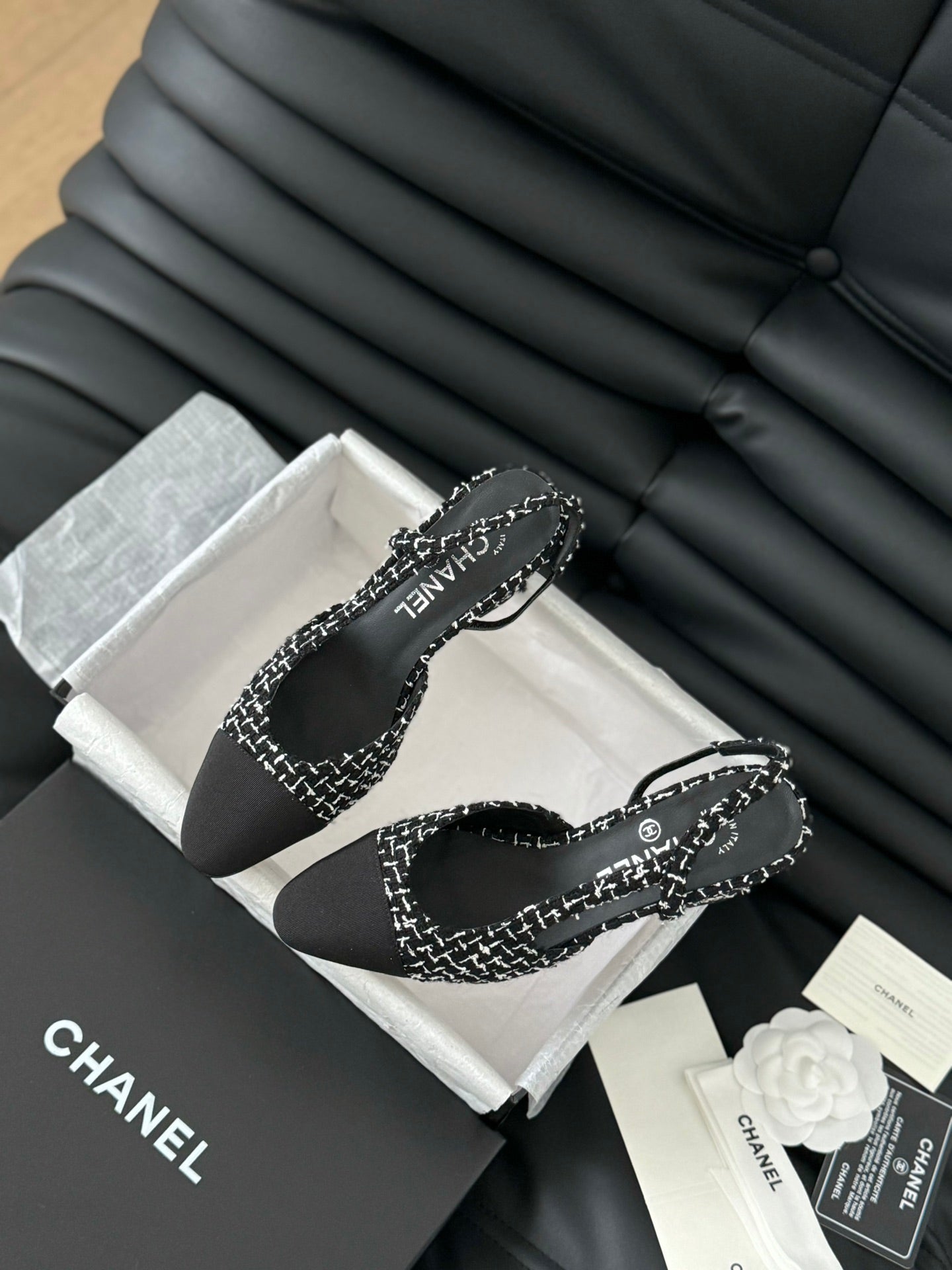 CHANEL HIGH SLINGBACK IN BLACK MIX WHITE TWEED AND LAMBSKIN