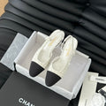 CHANEL HIGH SLINGBACK IN WHITE TWEED AND BLACK LAMBSKIN