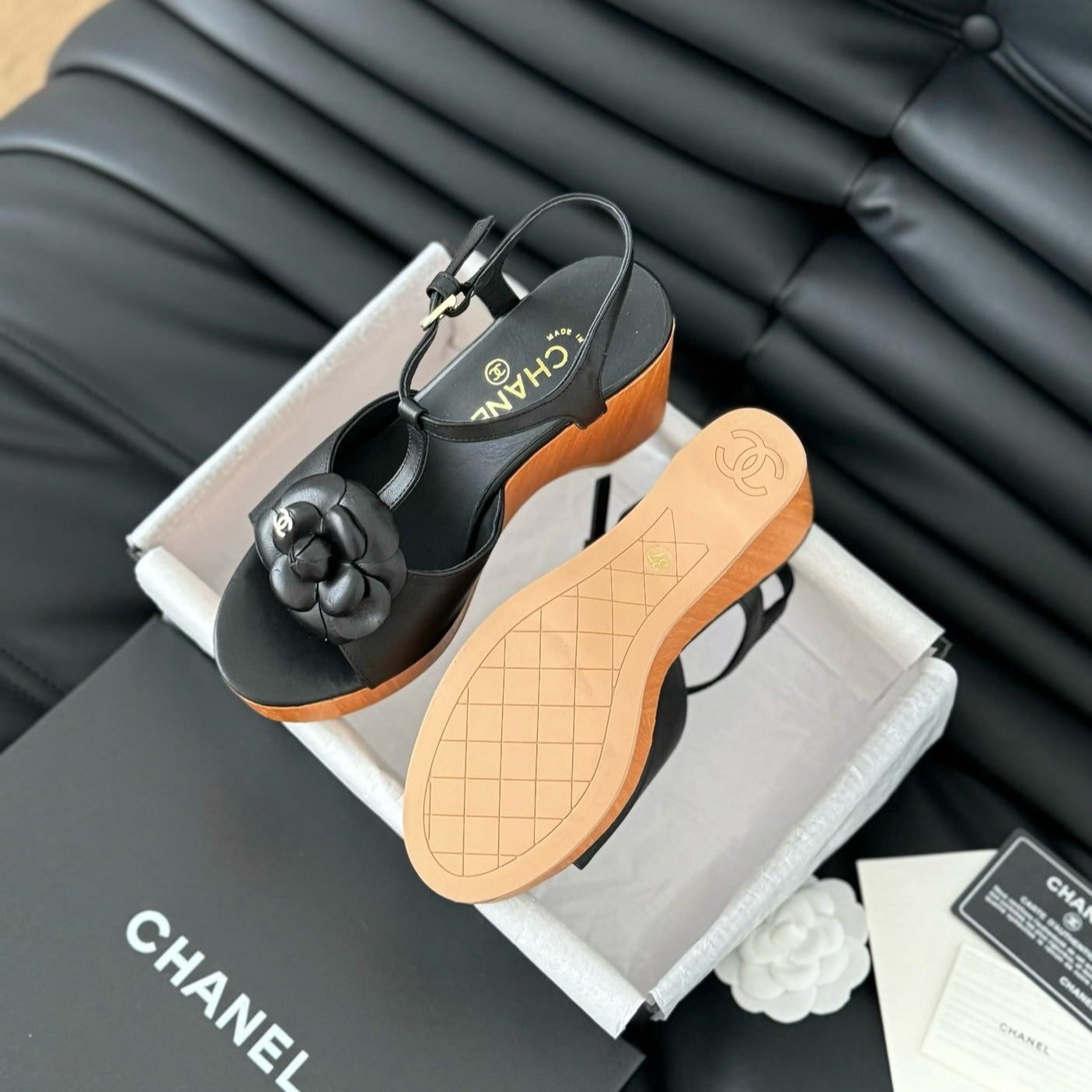 CHANEL Double C New Wood Grain Platform Sandal  Black Lambskin