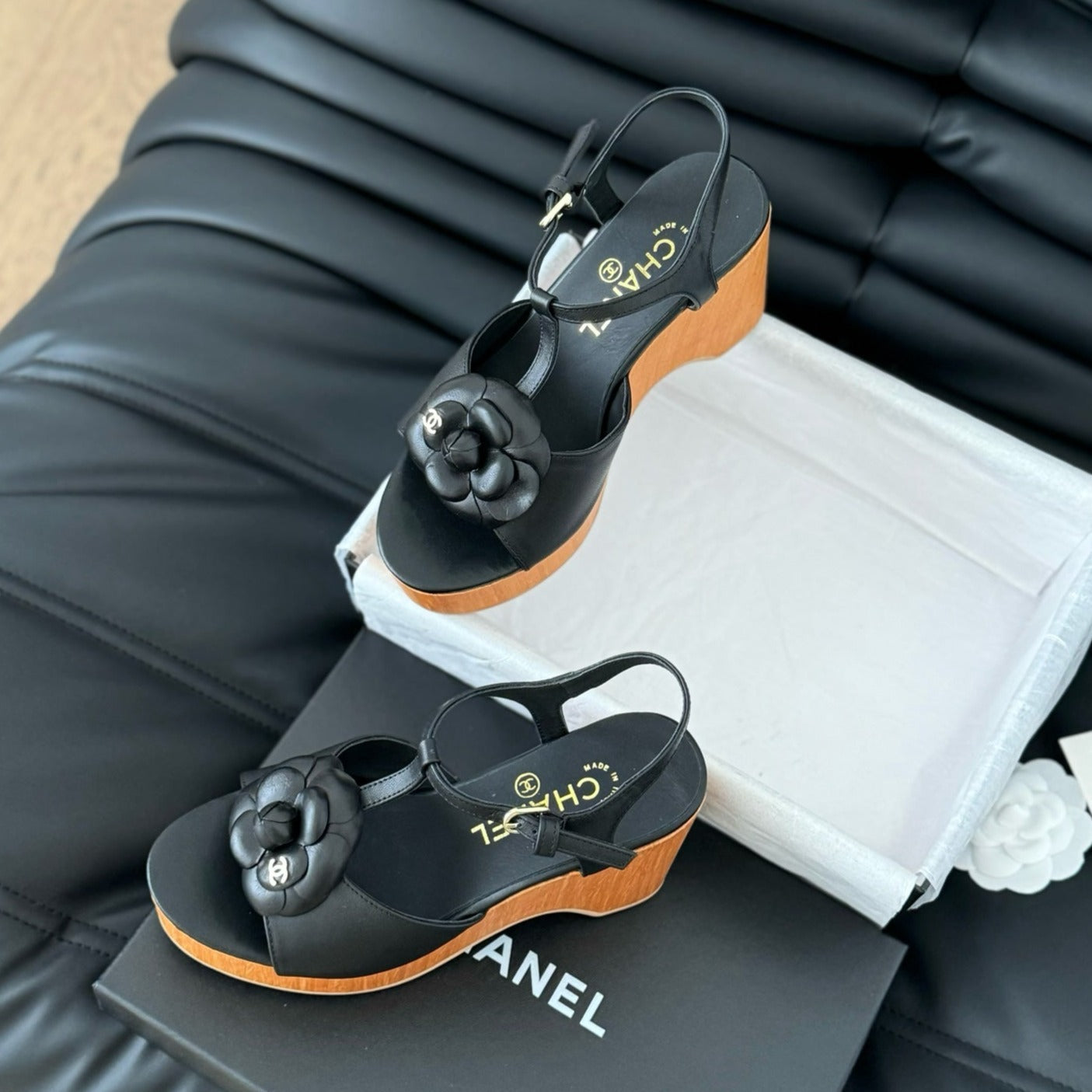 CHANEL Double C New Wood Grain Platform Sandal  Black Lambskin