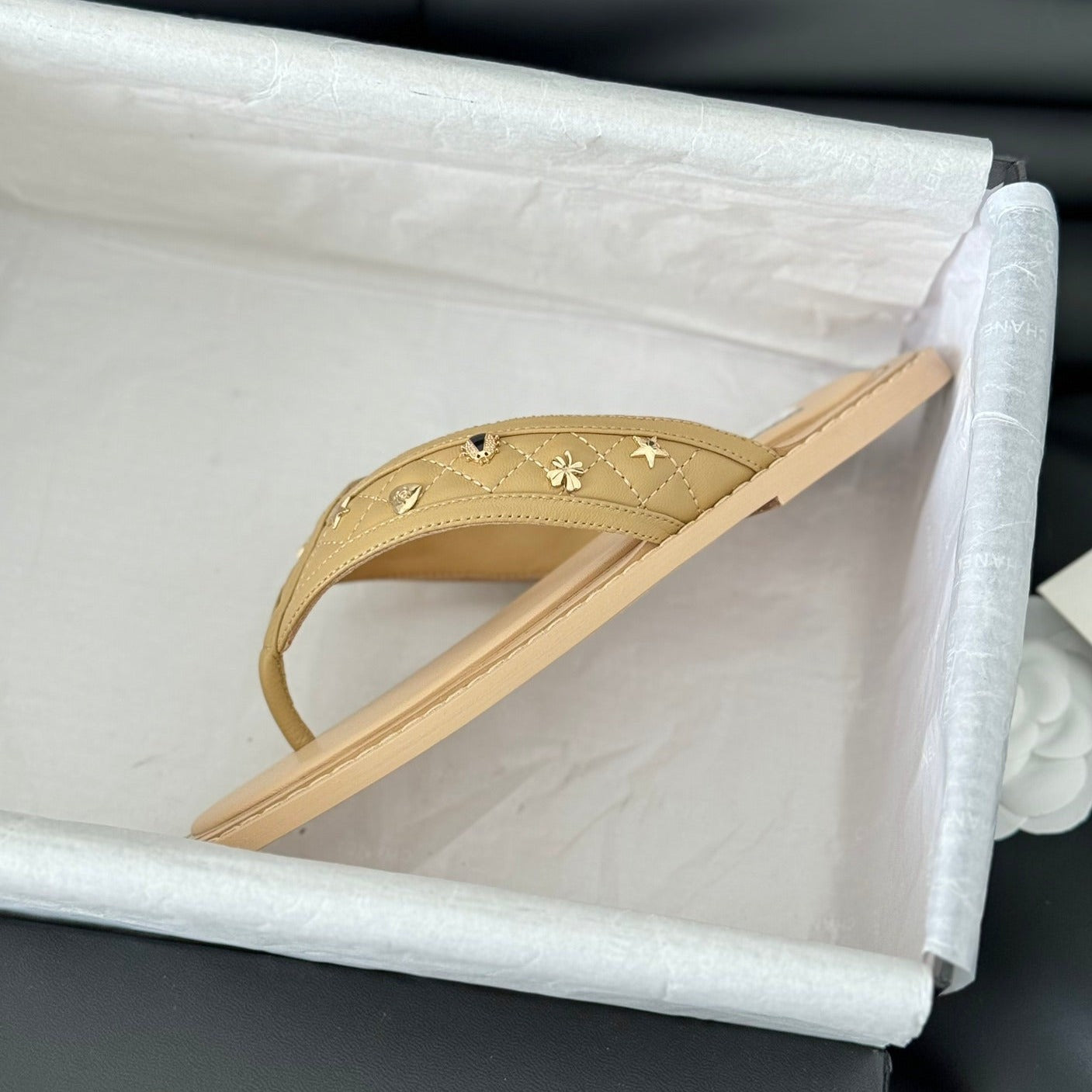 CHANEL Double C Thong Sandals Lambskin Tan Brown
