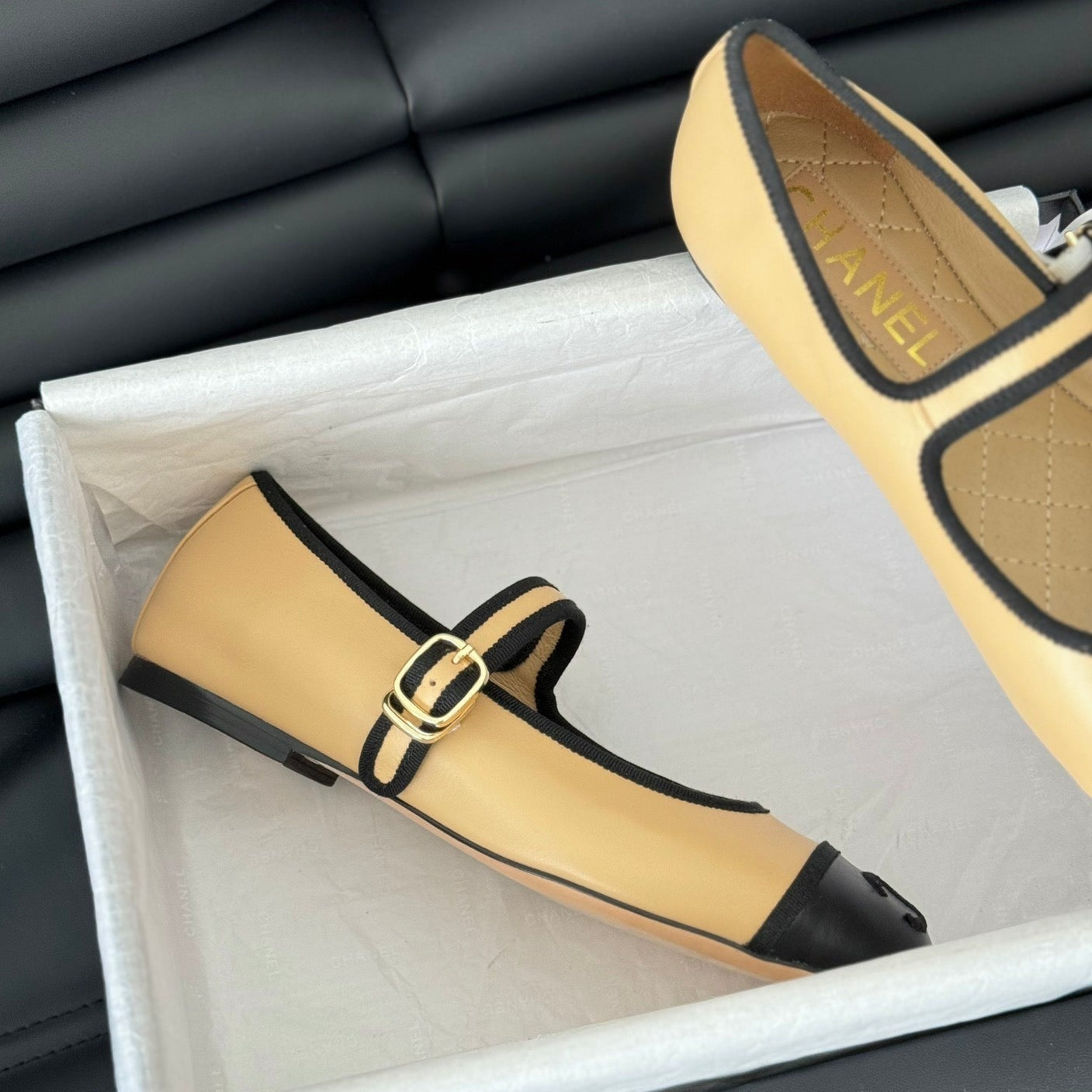 CHANEL Double C Marry Jane Shoes Yellow Cream Lambskin