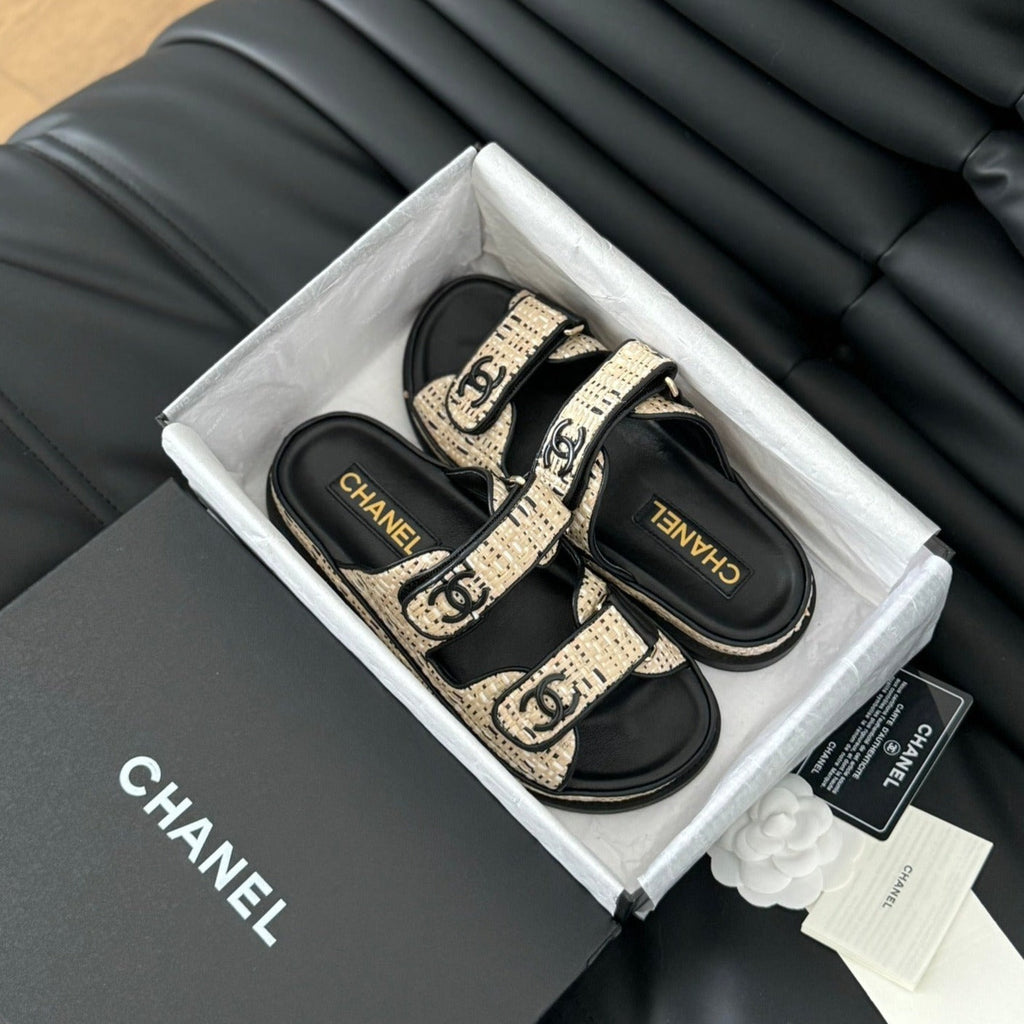 CHANEL Mule Sandals Sheepskin Beige Black