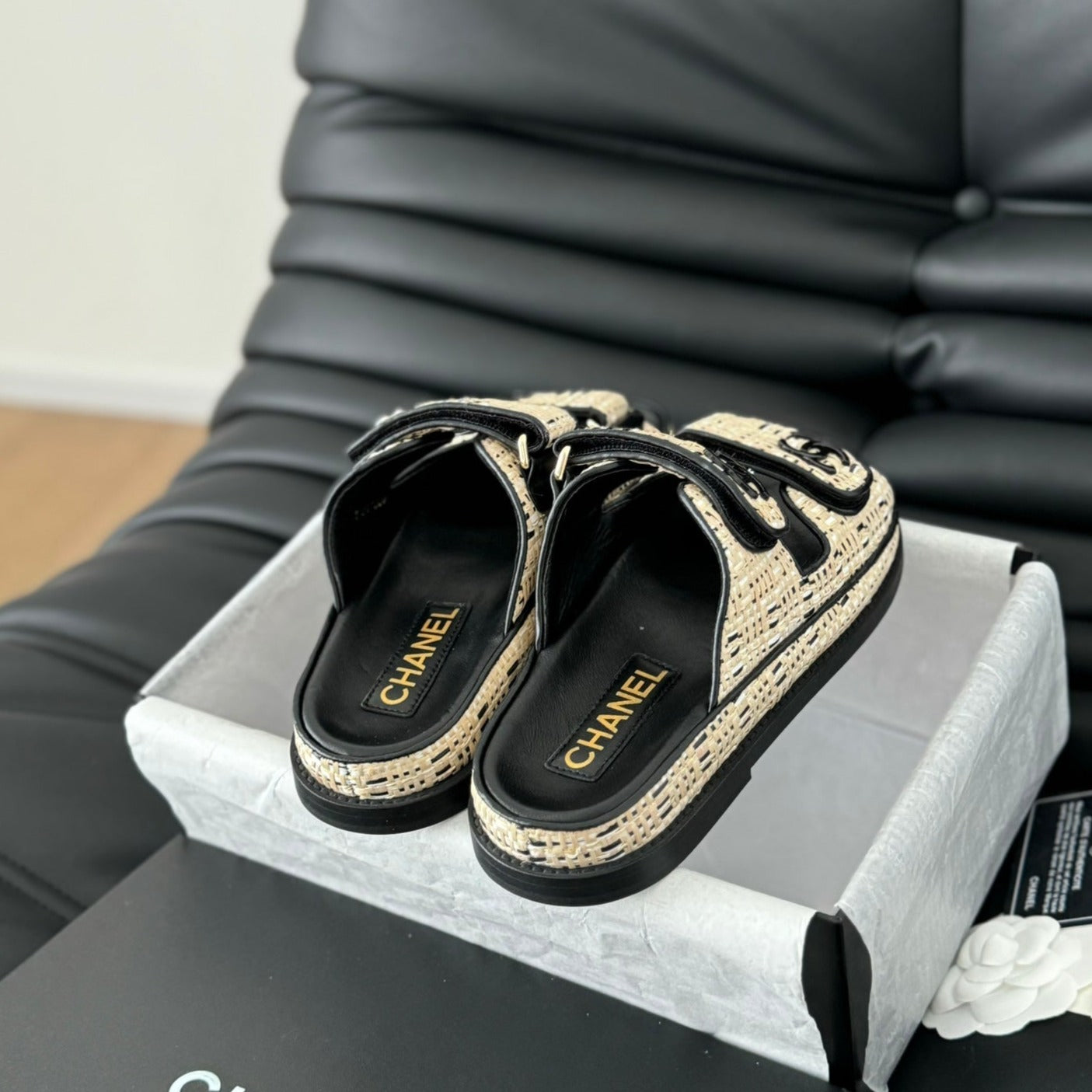 CHANEL Mule Sandals Sheepskin Beige Black
