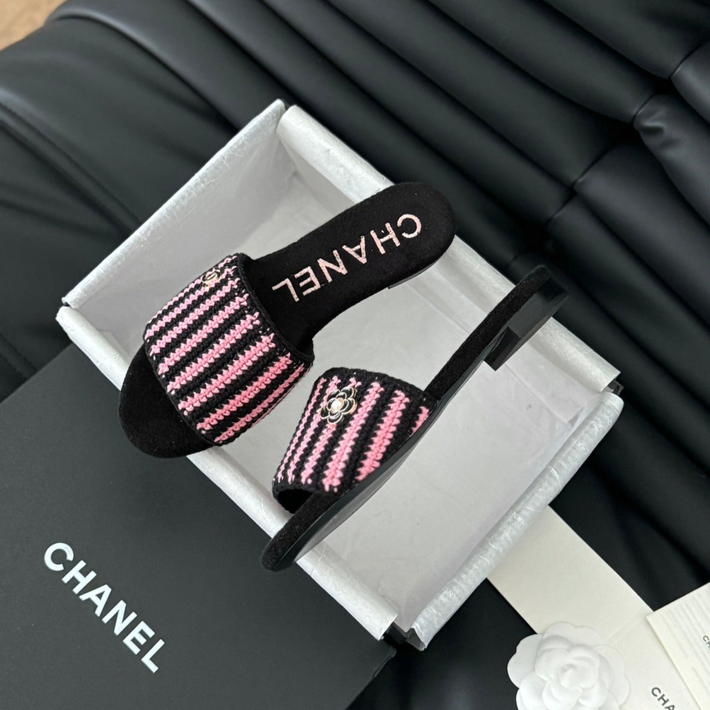 CHANEL Sheepskins Knit Slippers Black Pink