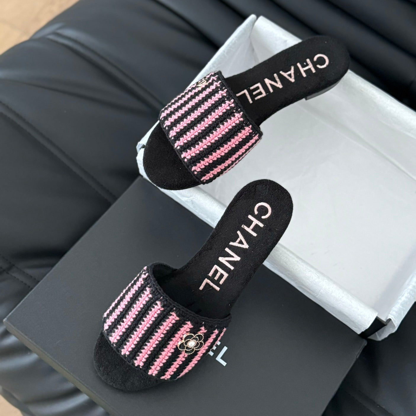 CHANEL Sheepskins Knit Slippers Black Pink