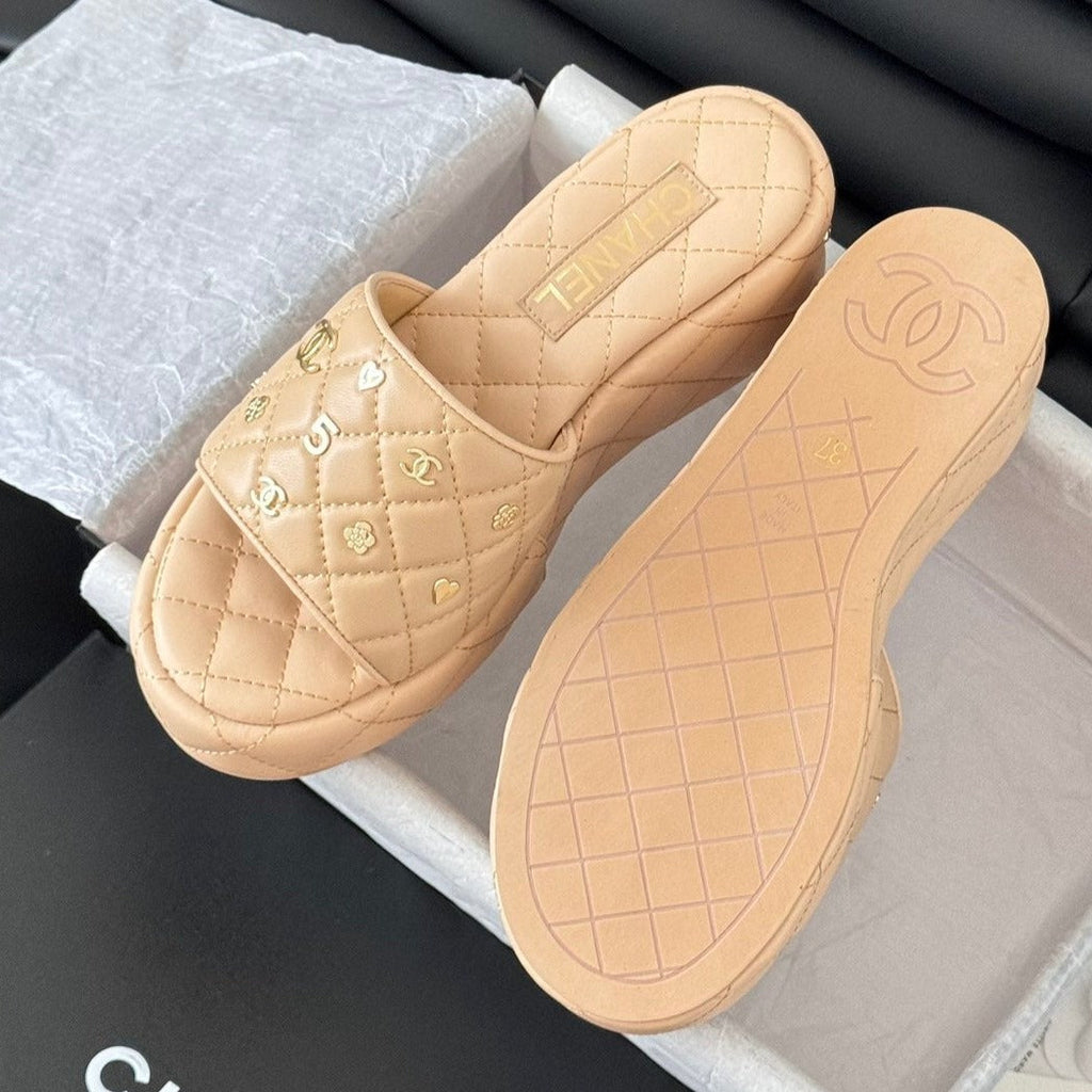 CHANEL Thick Sole Slope Heel Weddge Lambskin Beige Cream