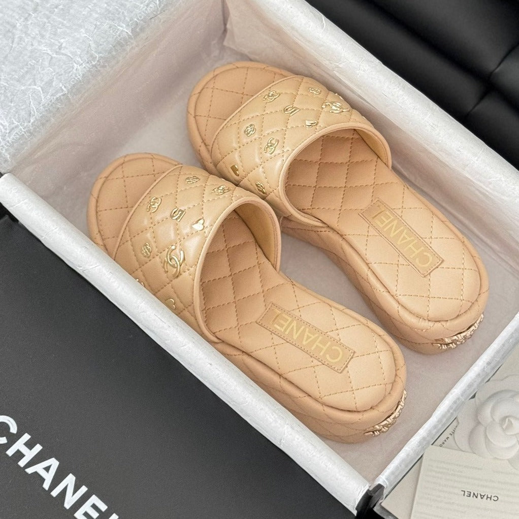 CHANEL Thick Sole Slope Heel Weddge Lambskin Beige Cream