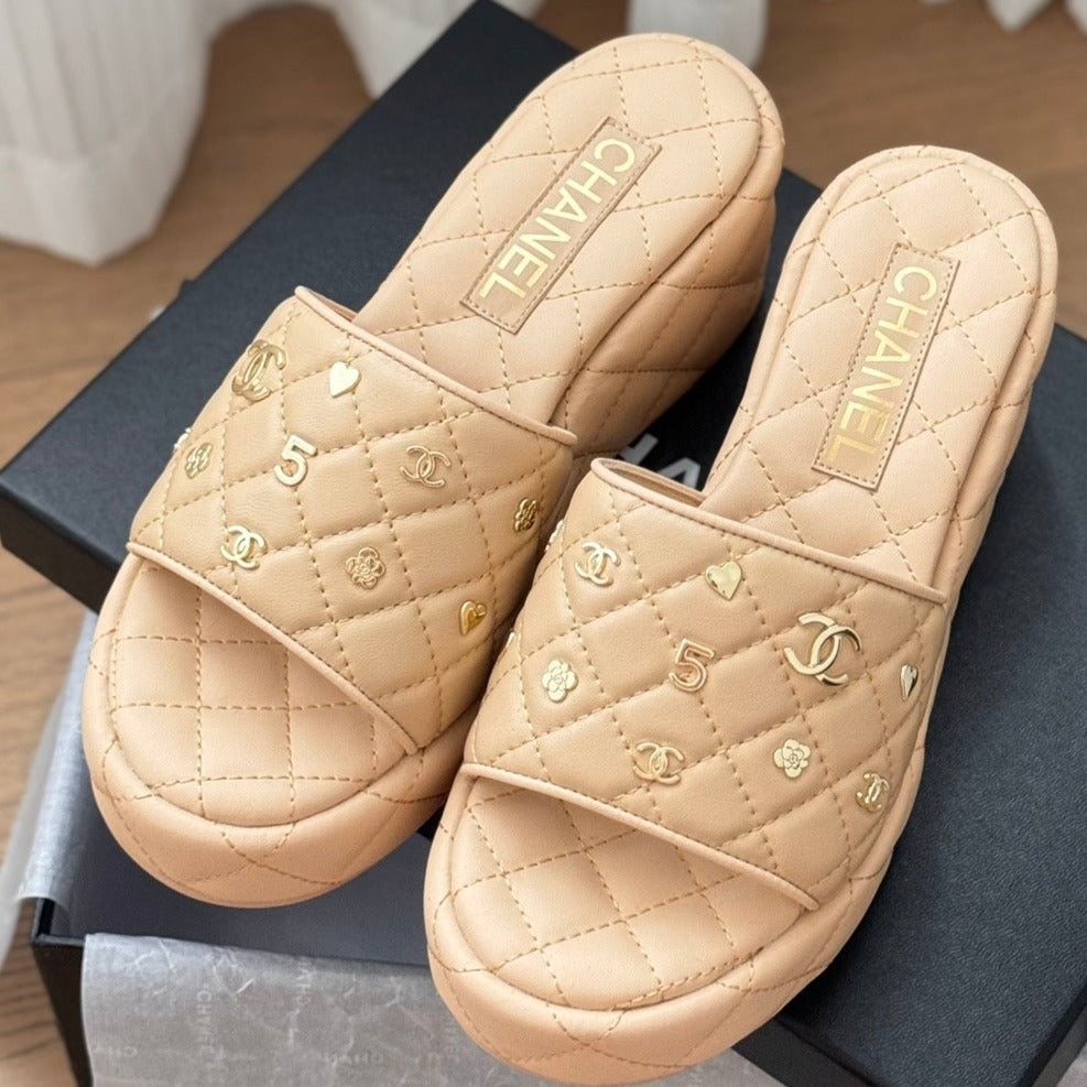 CHANEL Thick Sole Slope Heel Weddge Lambskin Beige Cream