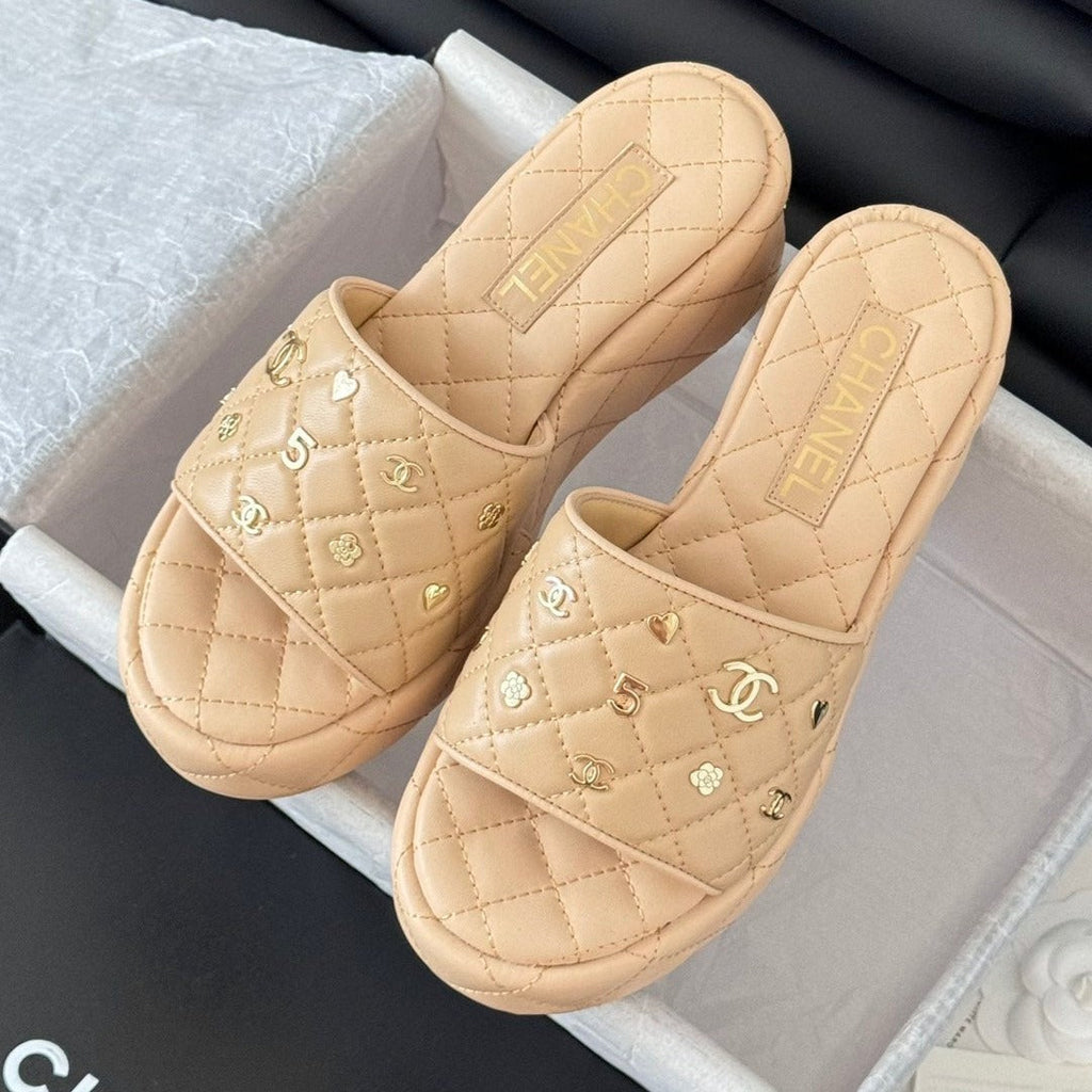 CHANEL Thick Sole Slope Heel Weddge Lambskin Beige Cream
