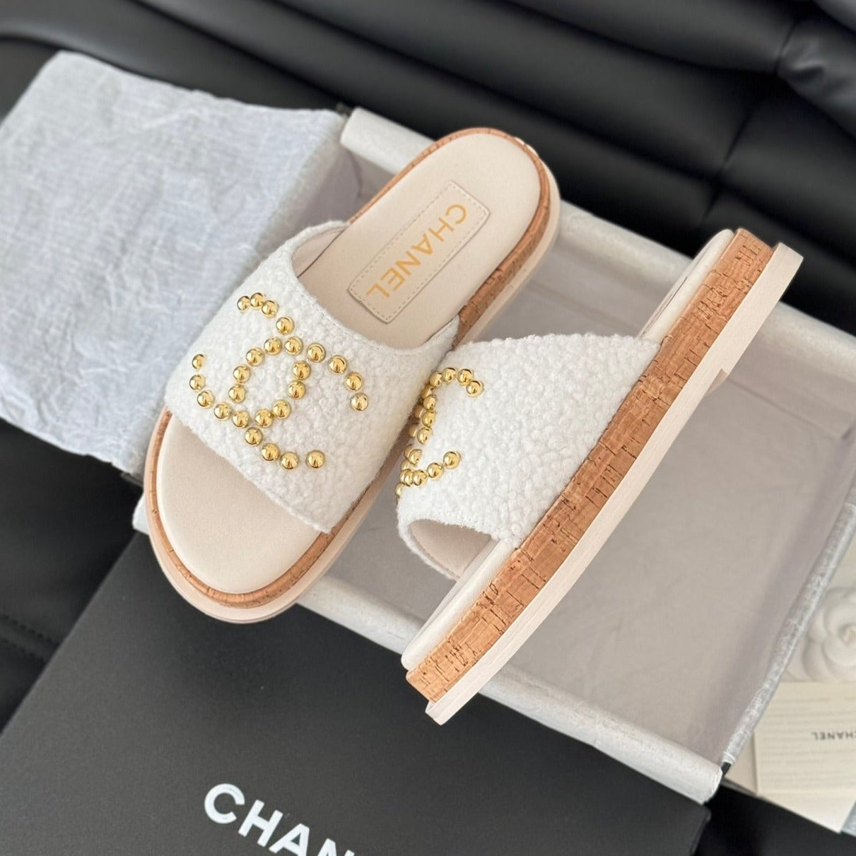 CHANEL Slippers Platform Lambskin White Cream