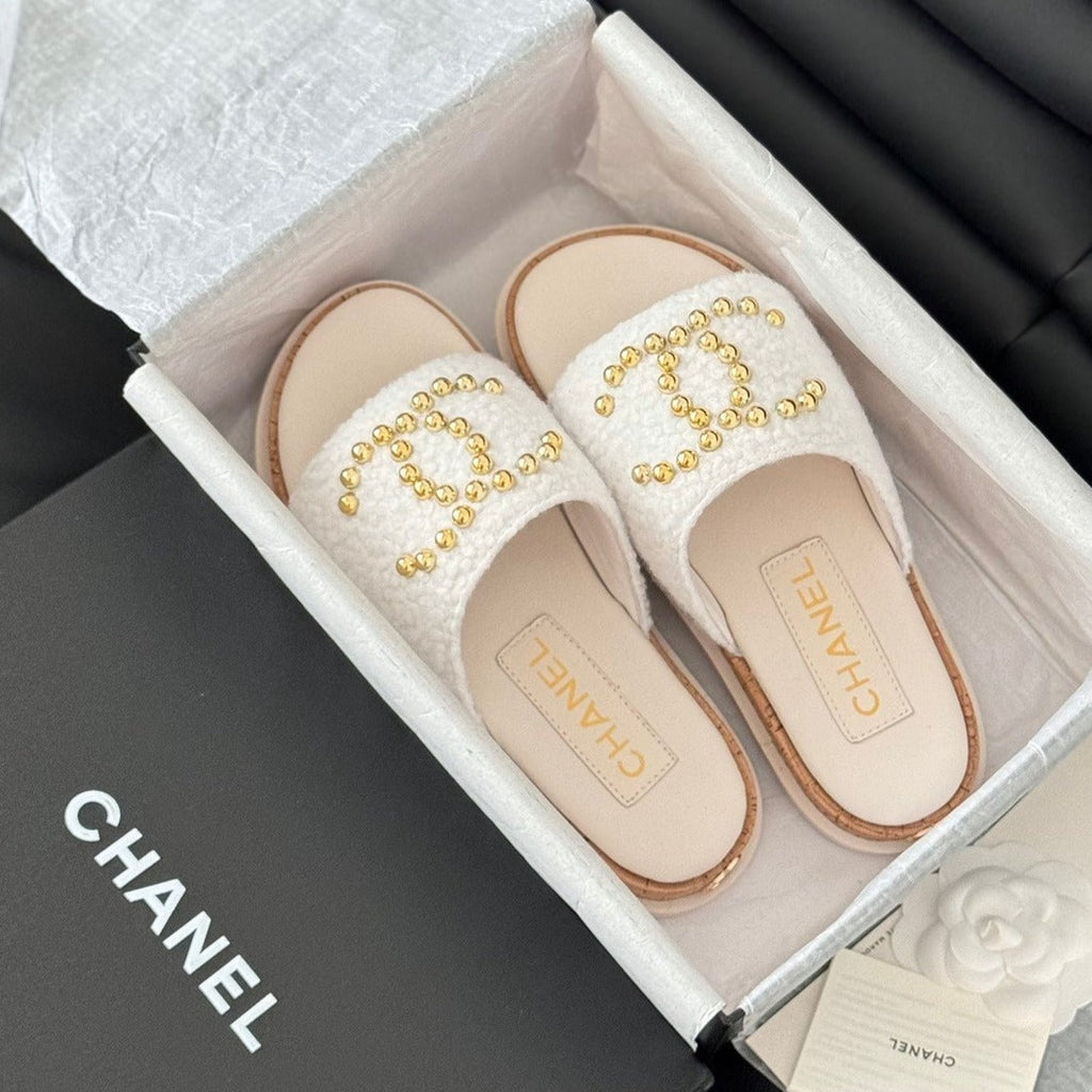 CHANEL Slippers Platform Lambskin White Cream