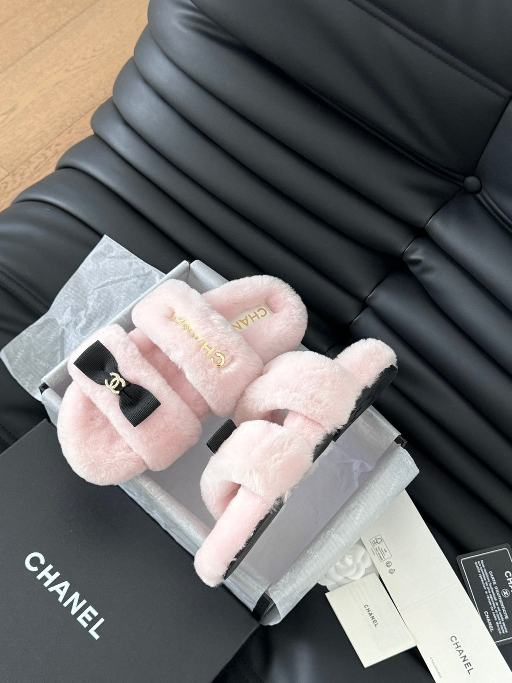 CHANEL DAD SANDAL MULE IN PASTEL PINK FLEECE WITH GOLD HARDWARE