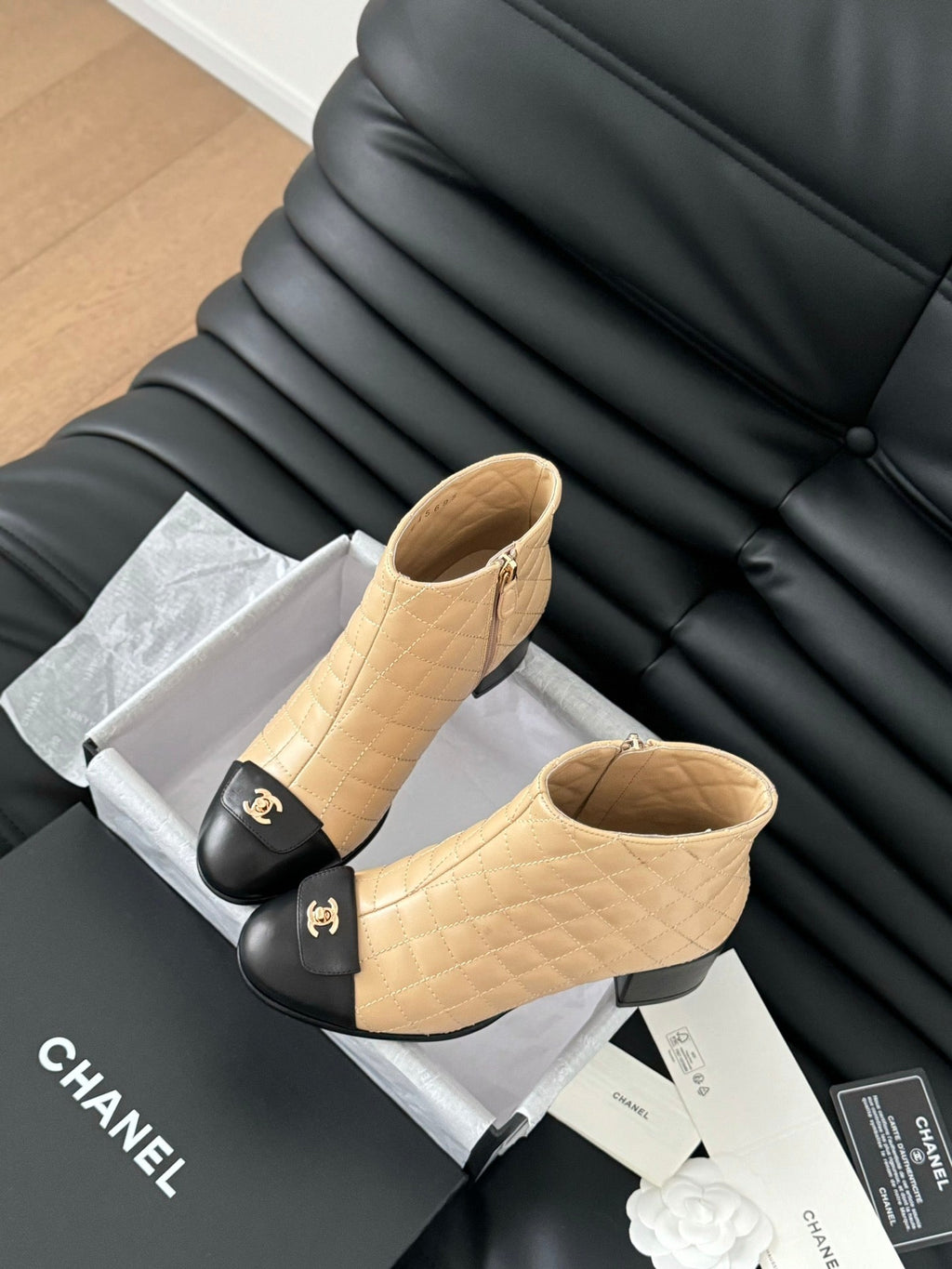 CHANEL SHORT BOOTS 65 MM IN SEPIA BEIGE MIX BLACK QUILTED PATTERN LAMBSKIN