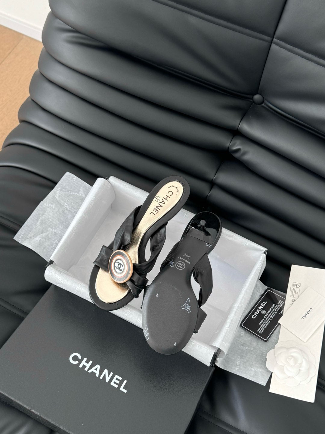 CHANEL BLACK LAMBSKIN  SLIDE SANDALS