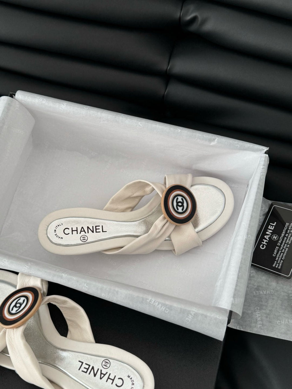 CHANEL WHITE FABRIC  SLIDE SANDALS