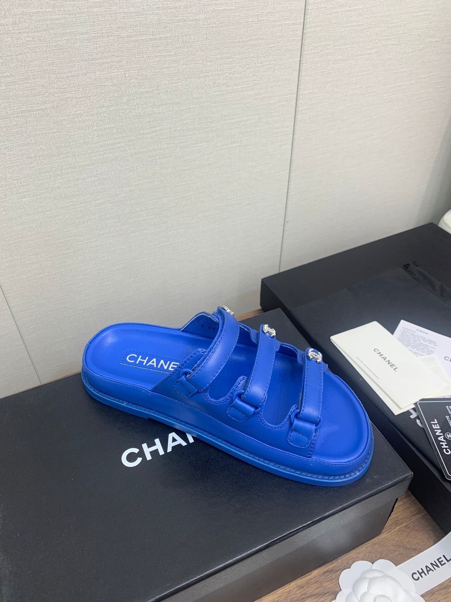 CHANEL DAD SANDAL IN COBALT BLUE LAMBSKIN MULE