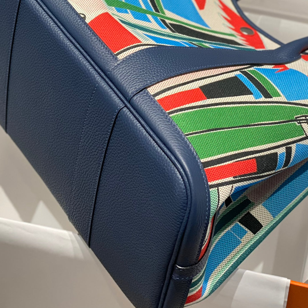 HERMES GARDEN PARTY 36 IN MULTICOLOR TOILE H CANVAS BLUE NAVY CALFSKIN TROPICAL ABSTRACT LANDSCAPE PRINT